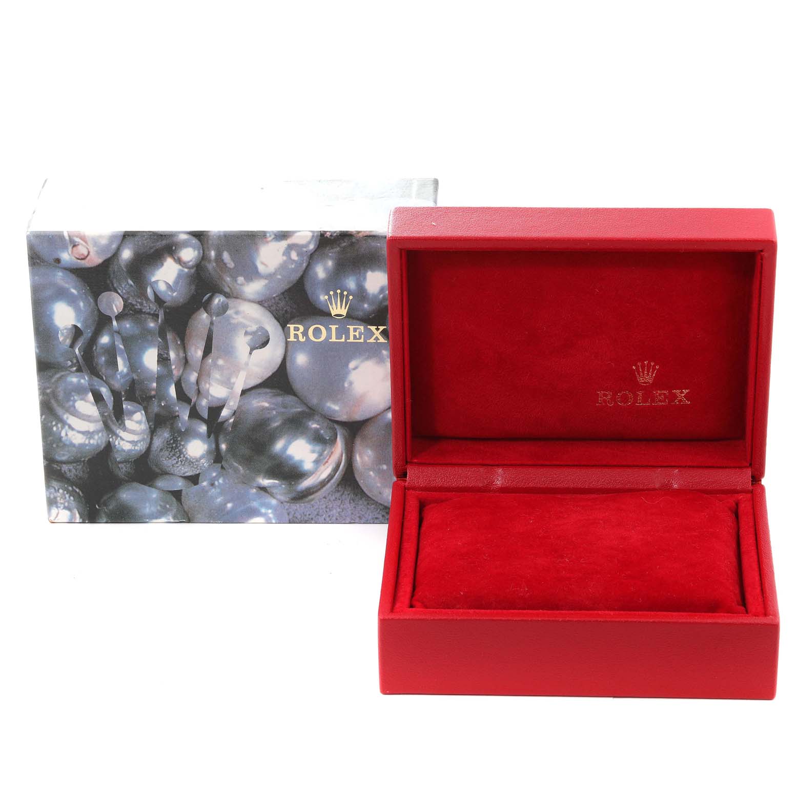 The image shows a red Rolex watch box and outer packaging, presumably for the Date model.