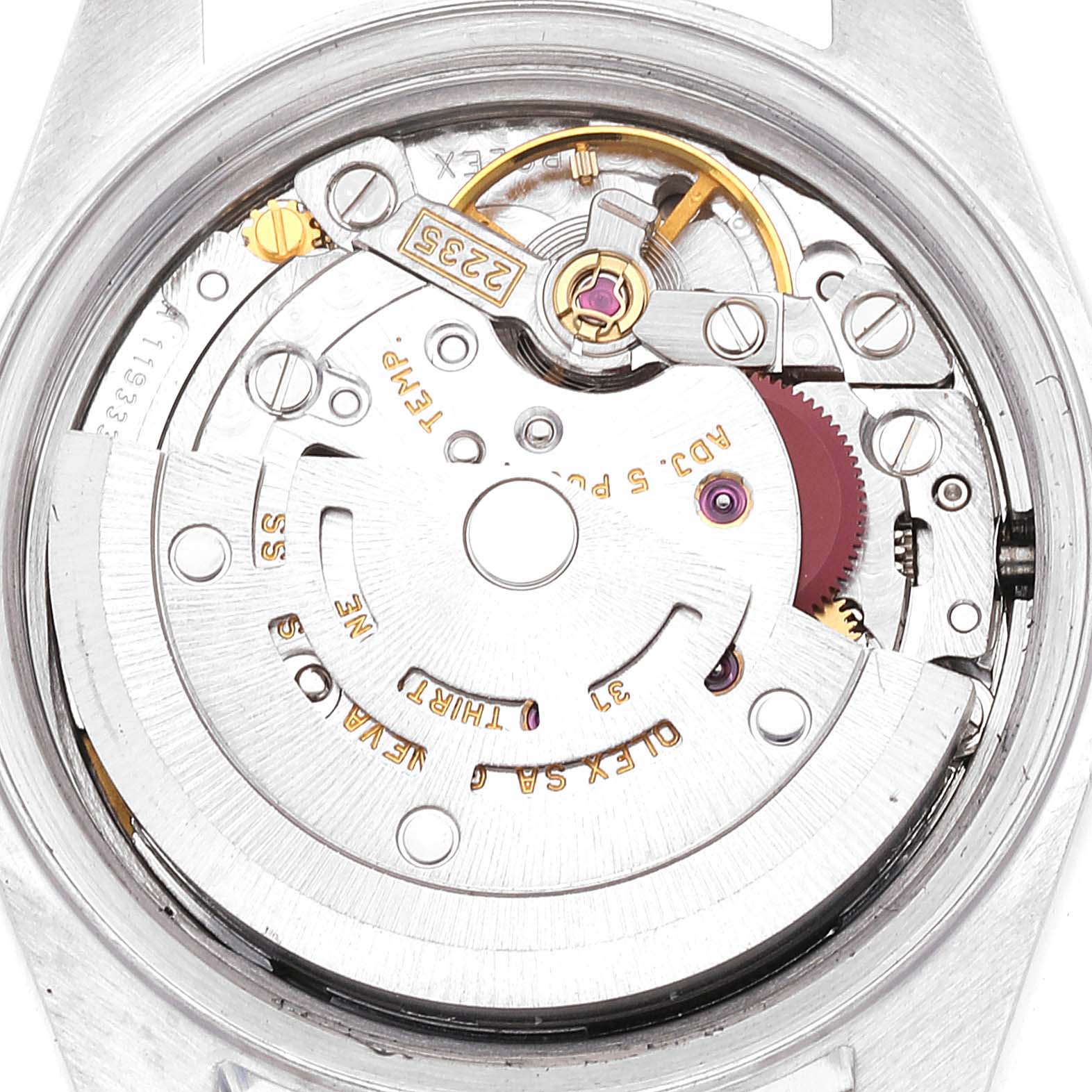 The image shows a close-up view of the internal movement mechanism of the Rolex Date 79160 Women
s Stainless Steel White Dial 79160 Women
s Stainless Steel White Dial model watch.