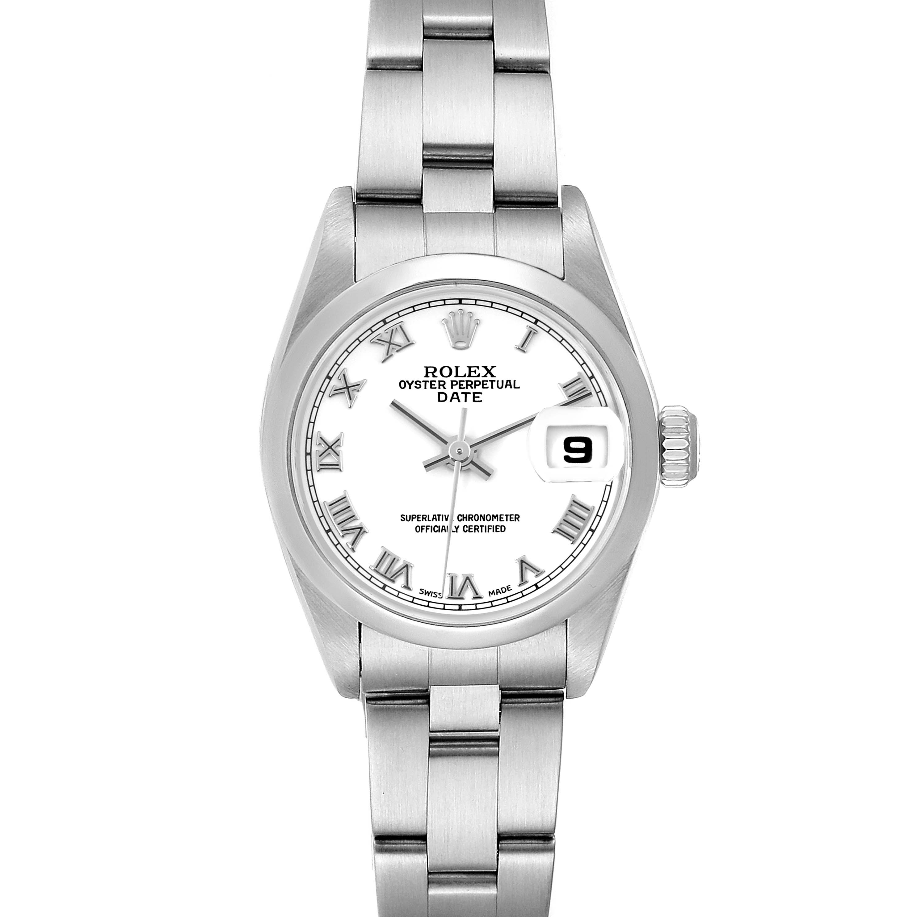 The image shows a front view of a Rolex Date 79160 Women
s Stainless Steel White Dial 79160 Women
s Stainless Steel White Dial model watch, highlighting the dial, bracelet, and date window.