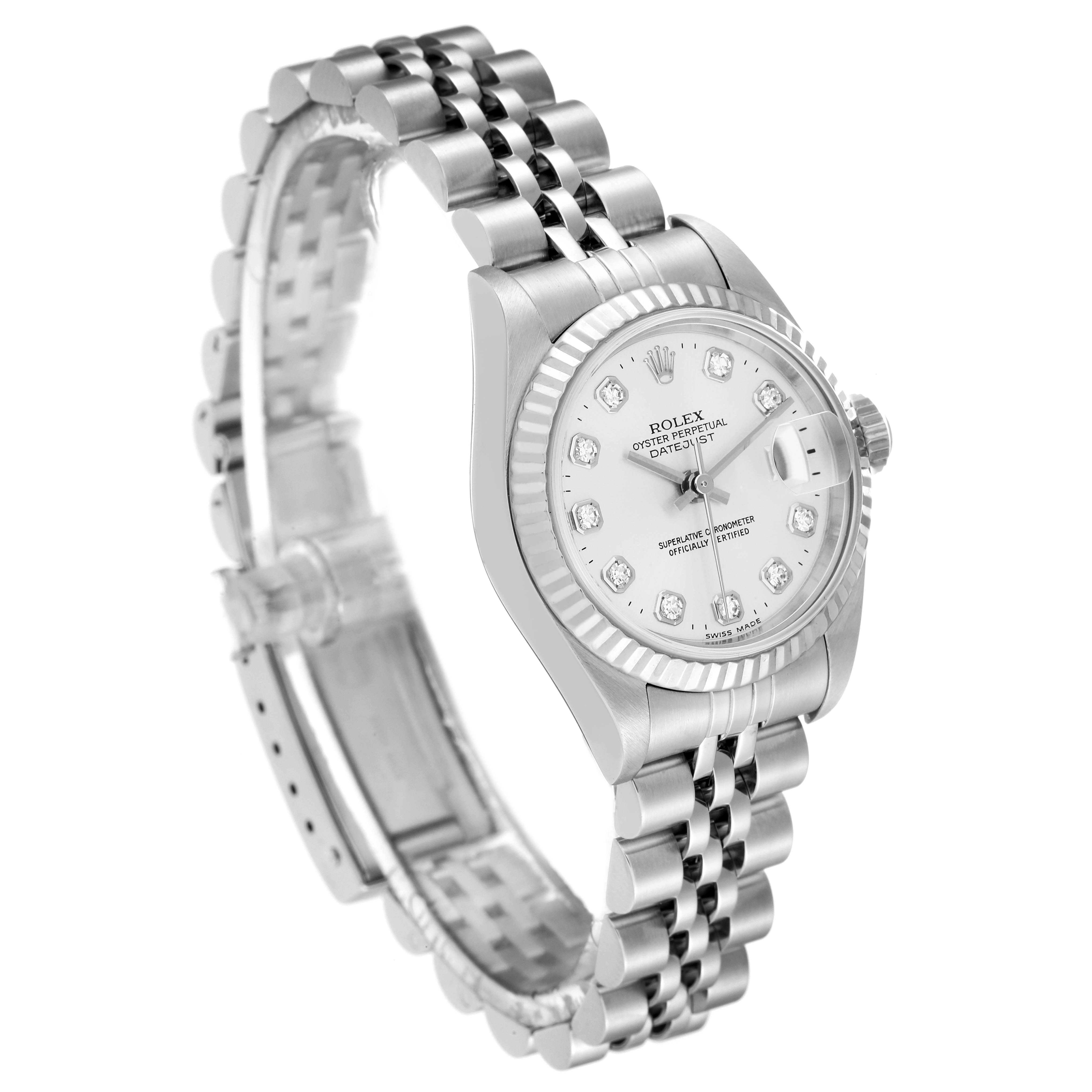 This image of the Rolex Datejust 79174 Women's Stainless Steel Silver Dial 79174 Women's Stainless Steel Silver Dial watch shows a side angle, highlighting the dial, bezel, crown, and bracelet.