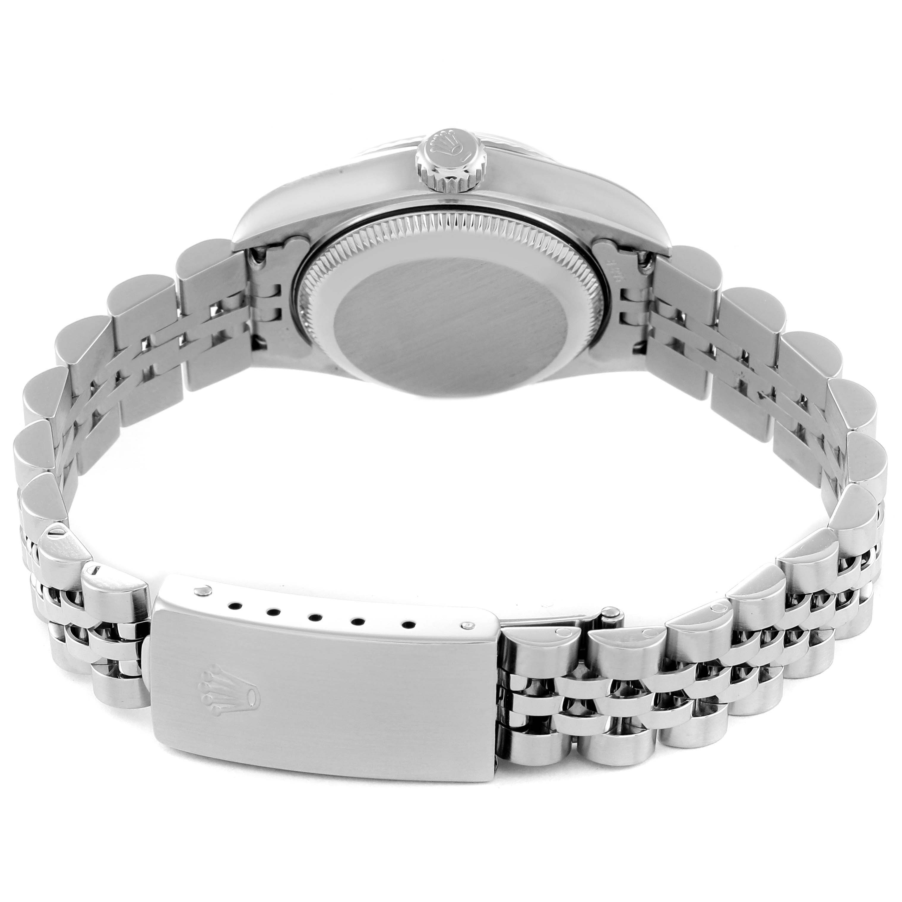 This image shows the back view of a Rolex Datejust 79174 Women's Stainless Steel Silver Dial 79174 Women's Stainless Steel Silver Dial watch, highlighting its clasp and bracelet.