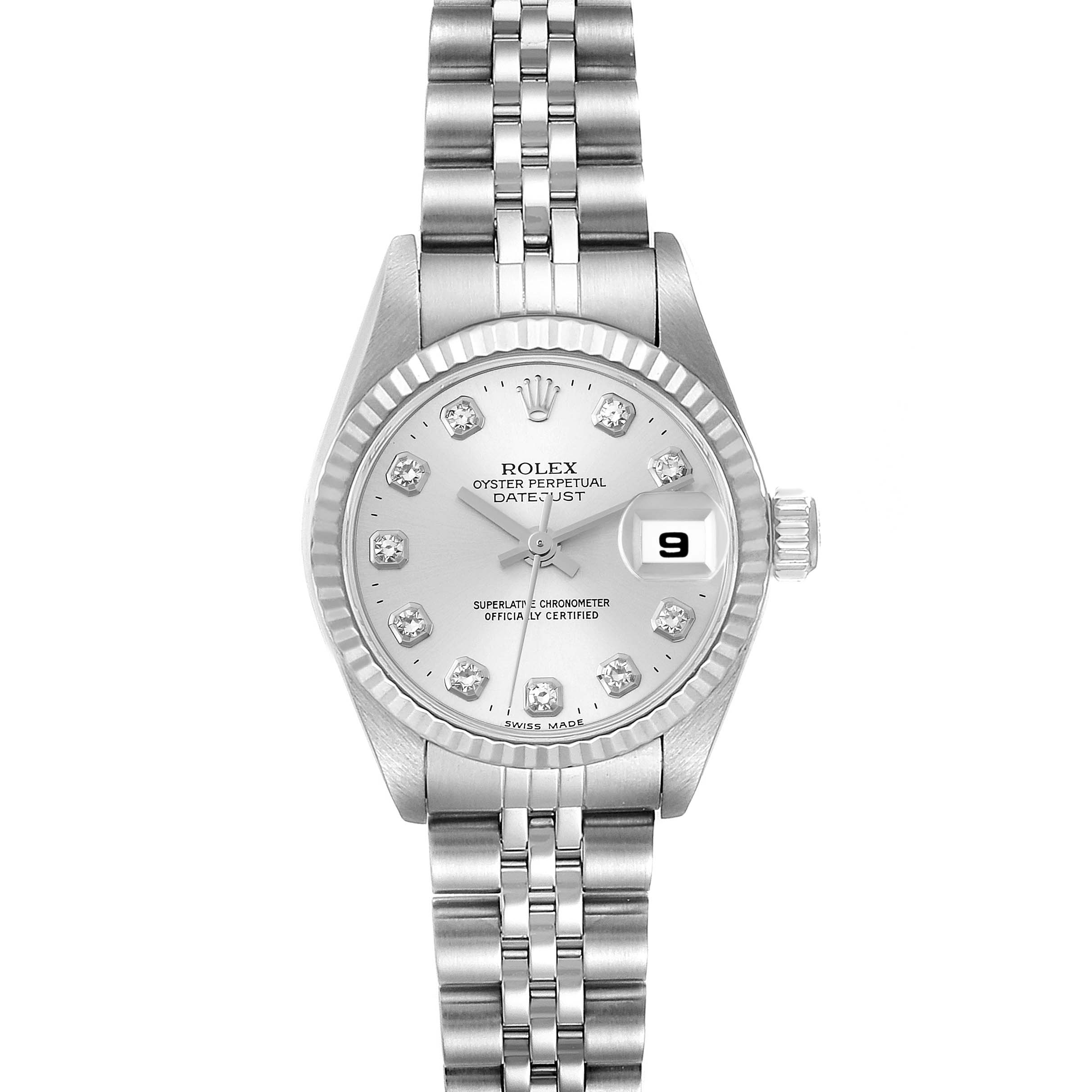 The image shows a front view of a Rolex Datejust 79174 Women's Stainless Steel Silver Dial 79174 Women's Stainless Steel Silver Dial watch, displaying the dial, bezel, crown, and bracelet.