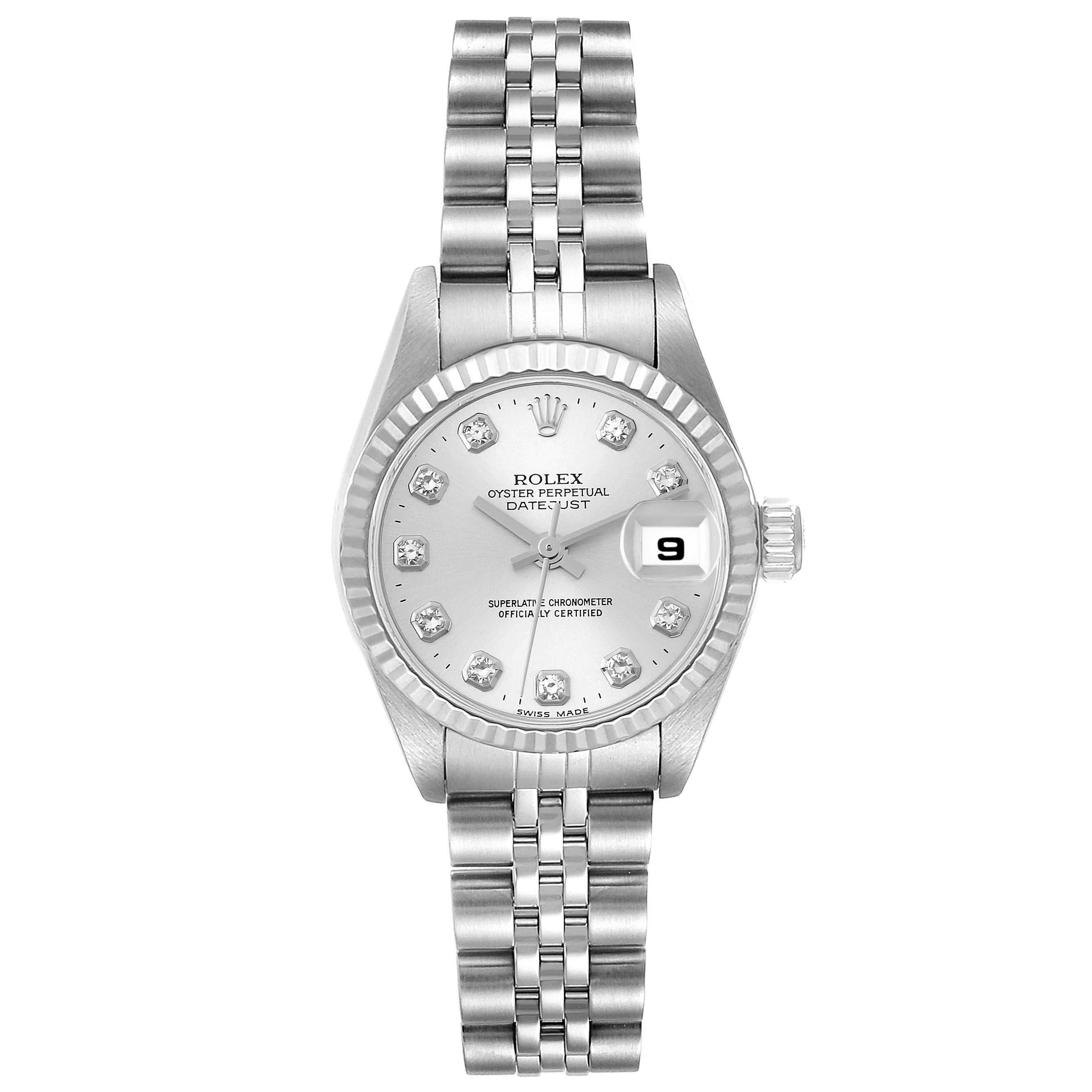 The image shows a frontal view of a Rolex Datejust 79174 Women's Stainless Steel Silver Dial 79174 Women's Stainless Steel Silver Dial watch, displaying its face, bezel, crown, and bracelet.