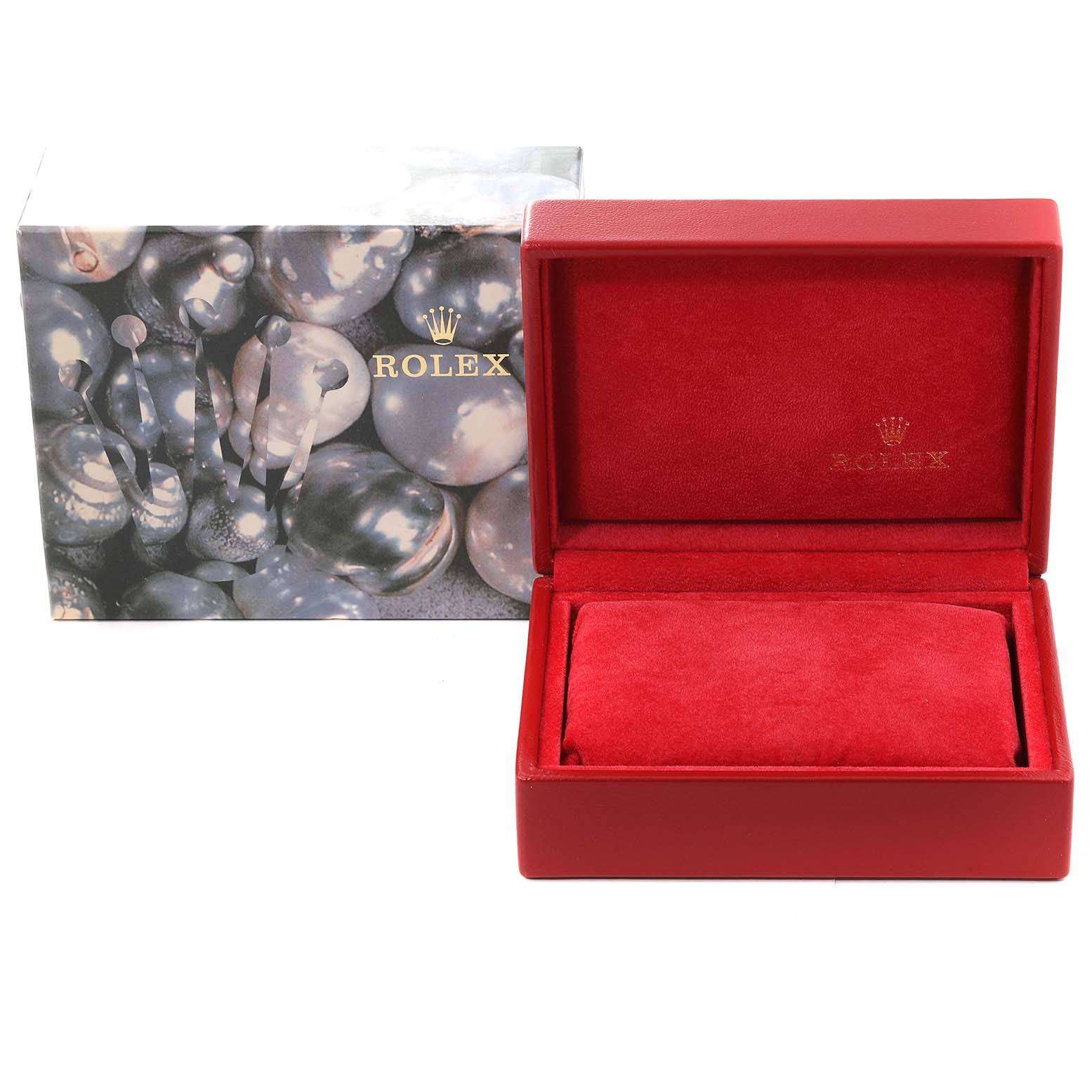 The image shows an open red Rolex Datejust 79174 Women's Stainless Steel Silver Dial 79174 Women's Stainless Steel Silver Dial watch box beside its closed main box with the Rolex logo.