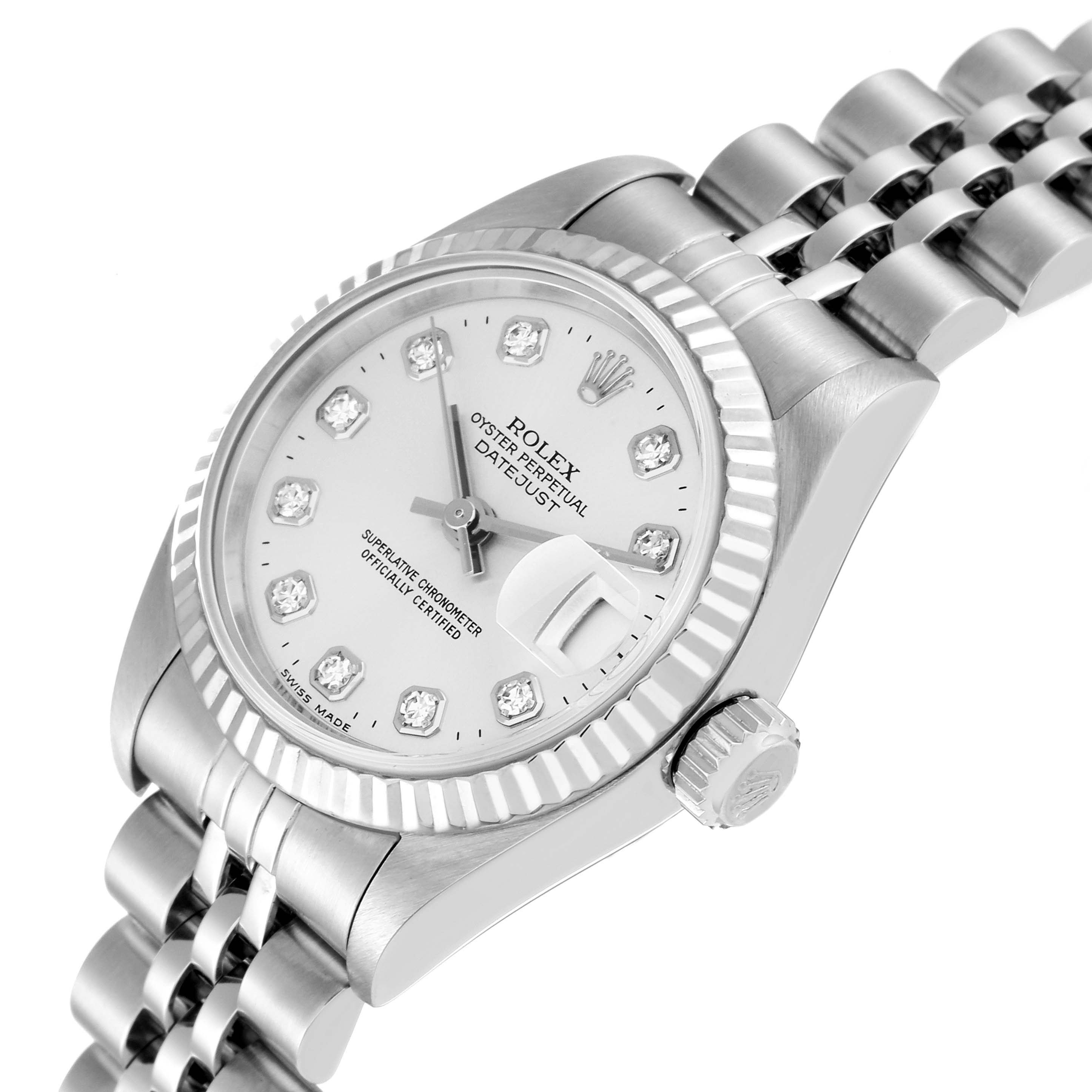 The Rolex Datejust 79174 Women's Stainless Steel Silver Dial 79174 Women's Stainless Steel Silver Dial watch is shown from an angled side view, displaying the dial, bezel, crown, and part of the bracelet.