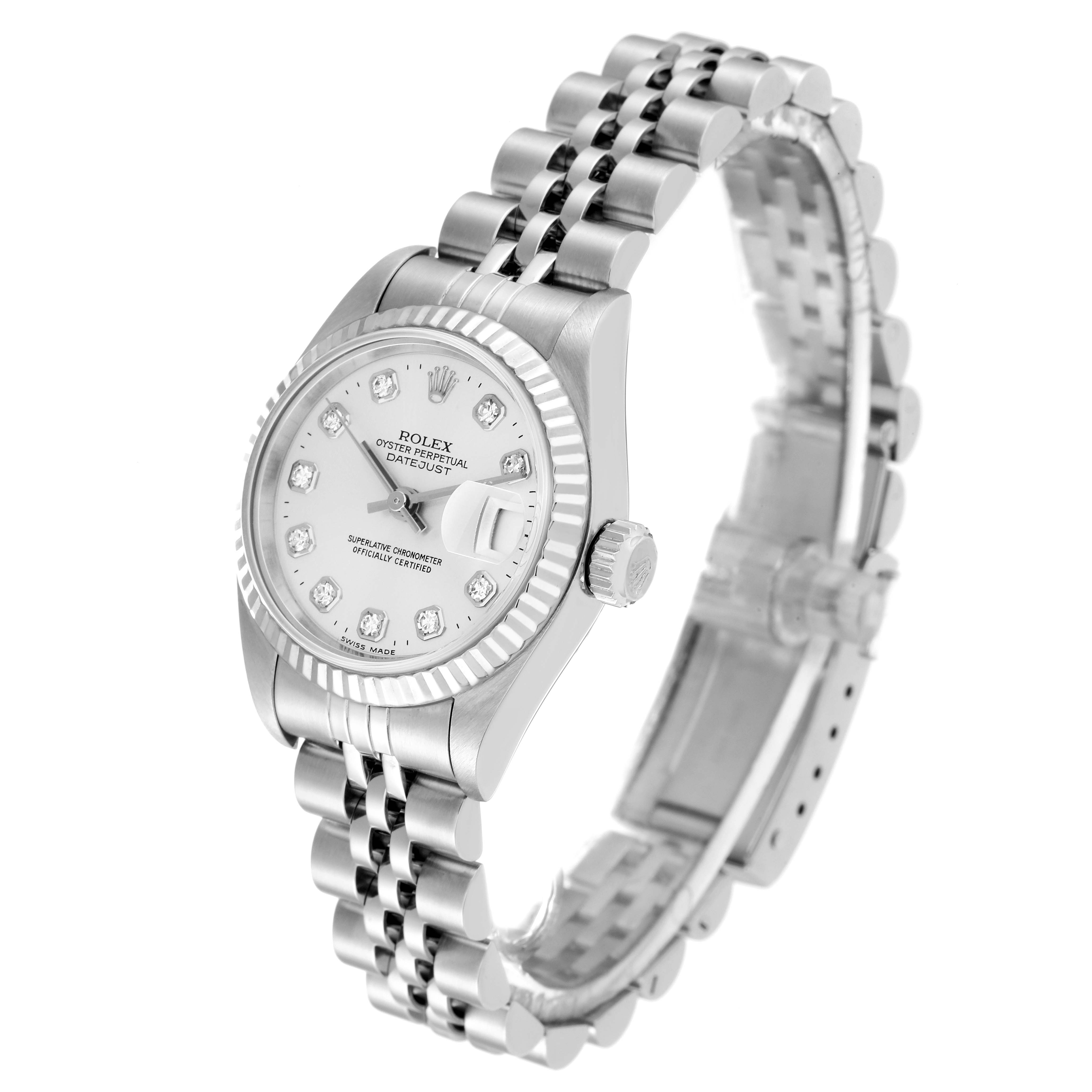 The image shows a Rolex Datejust 79174 Women's Stainless Steel Silver Dial 79174 Women's Stainless Steel Silver Dial watch with a focus on the face, dial, crown, and bracelet at a three-quarter angle.