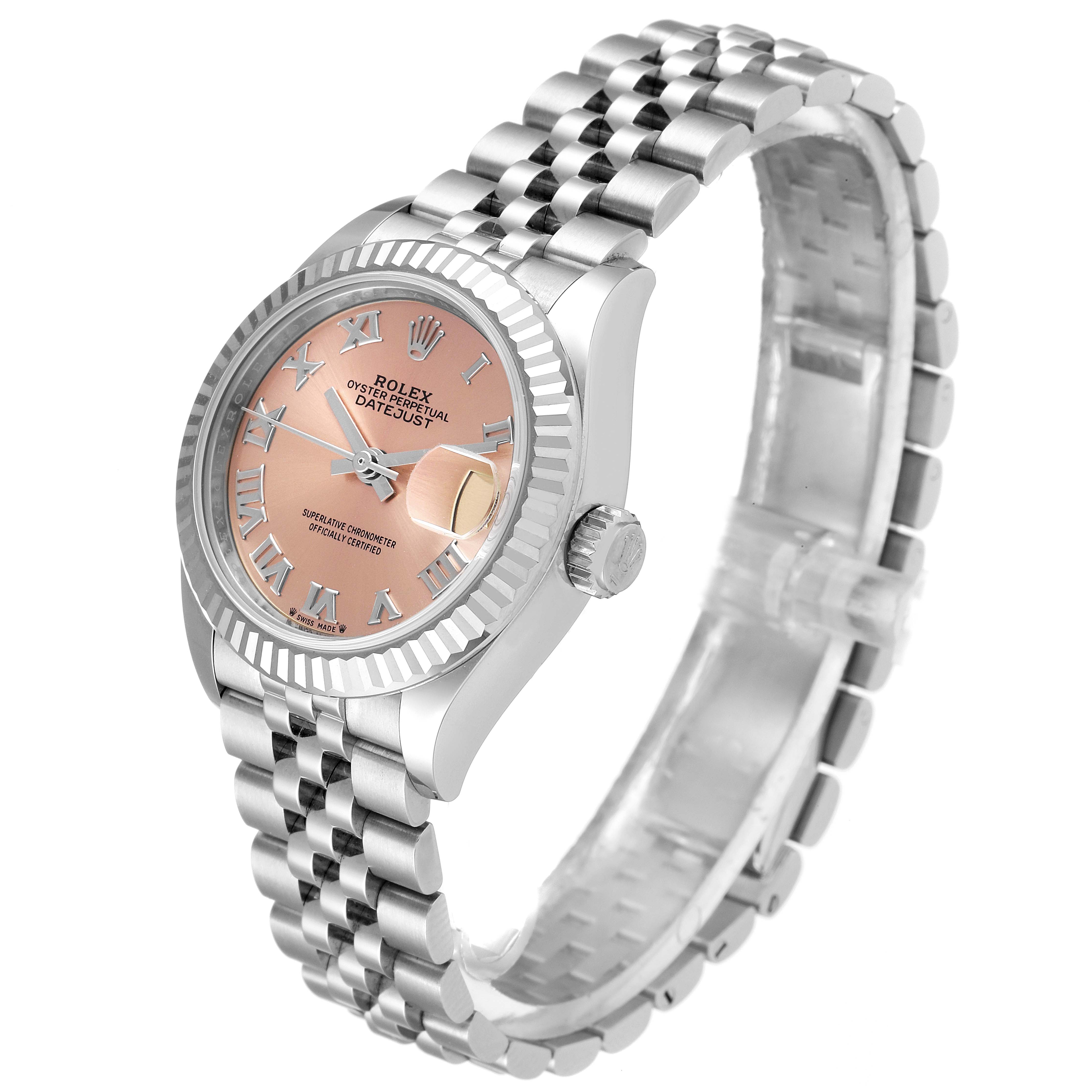 This Rolex Datejust 279174 Women's Stainless Steel Pink Dial 279174 Women's Stainless Steel Pink Dial watch is shown at a three-quarter angle, displaying the face, bezel, crown, and bracelet.