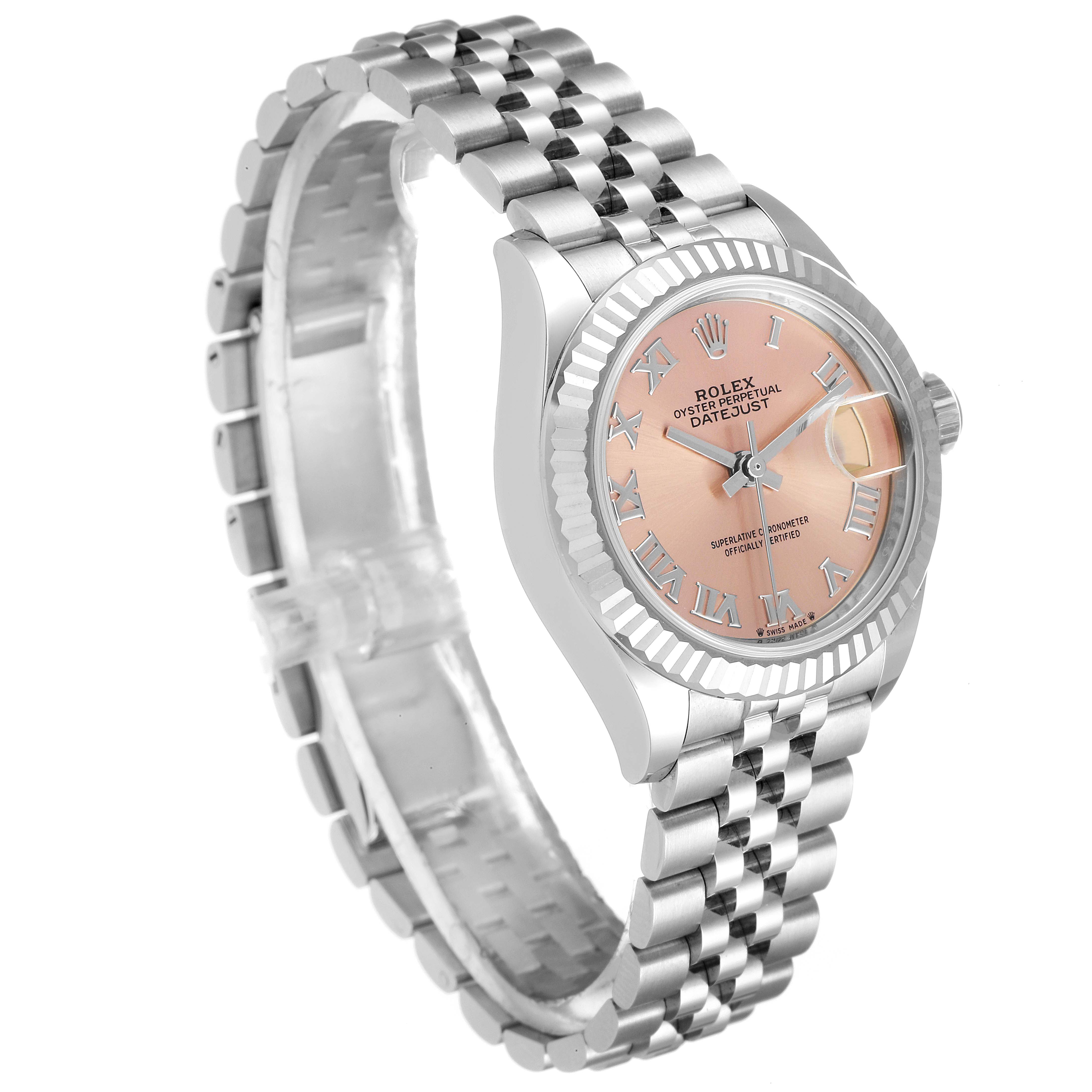 The Rolex Datejust 279174 Women's Stainless Steel Pink Dial 279174 Women's Stainless Steel Pink Dial watch is shown in a slight side angle featuring its face, bezel, and bracelet.