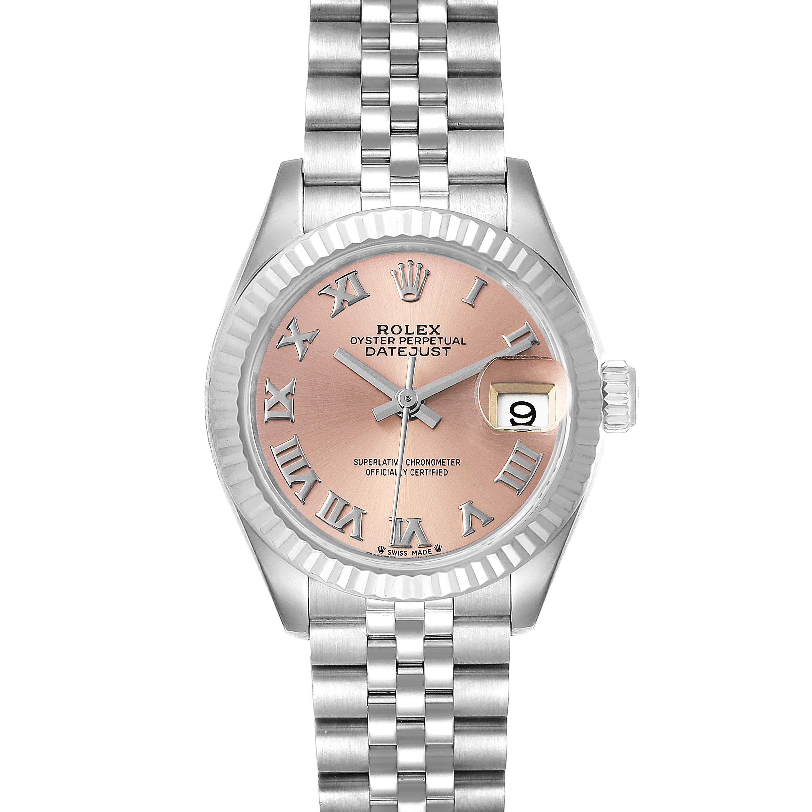 This is a front view of a Rolex Datejust 279174 Women's Stainless Steel Pink Dial 279174 Women's Stainless Steel Pink Dial watch showing the dial, bezel, case, and part of the bracelet.