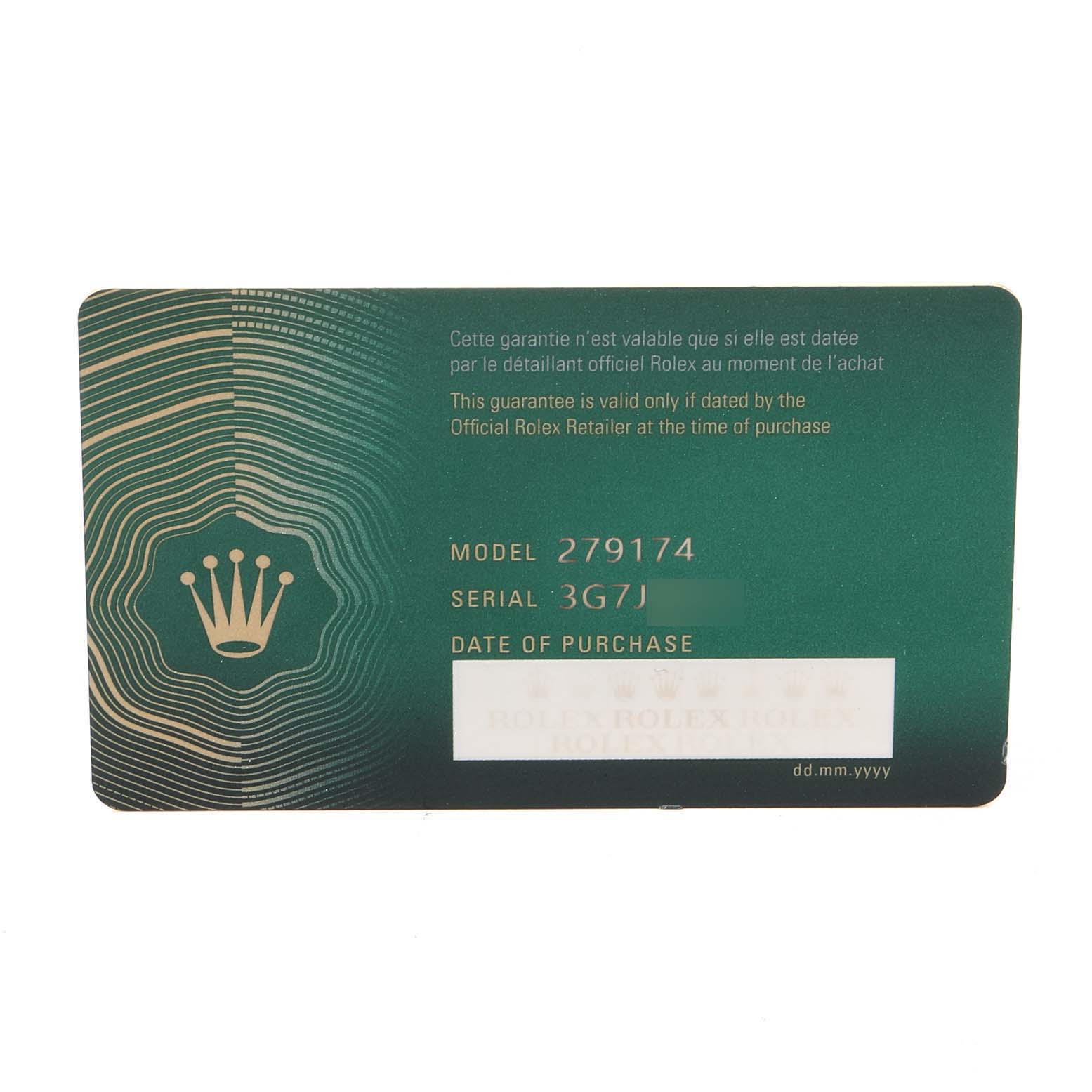 The image shows a warranty card for the Rolex Datejust 279174 Women's Stainless Steel Pink Dial 279174 Women's Stainless Steel Pink Dial model 279174.