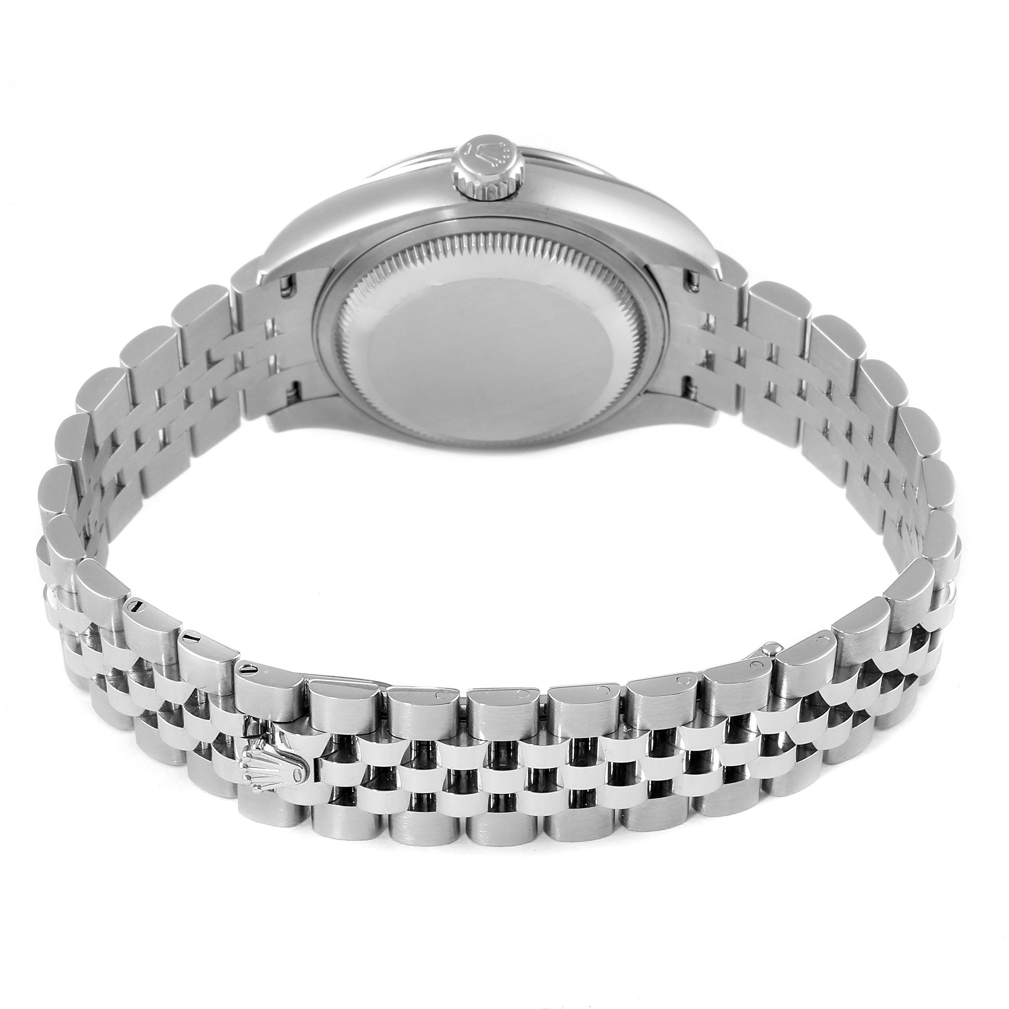 This image shows the back view of a Rolex Datejust 279174 Women's Stainless Steel Pink Dial 279174 Women's Stainless Steel Pink Dial watch, highlighting its caseback and Jubilee bracelet.