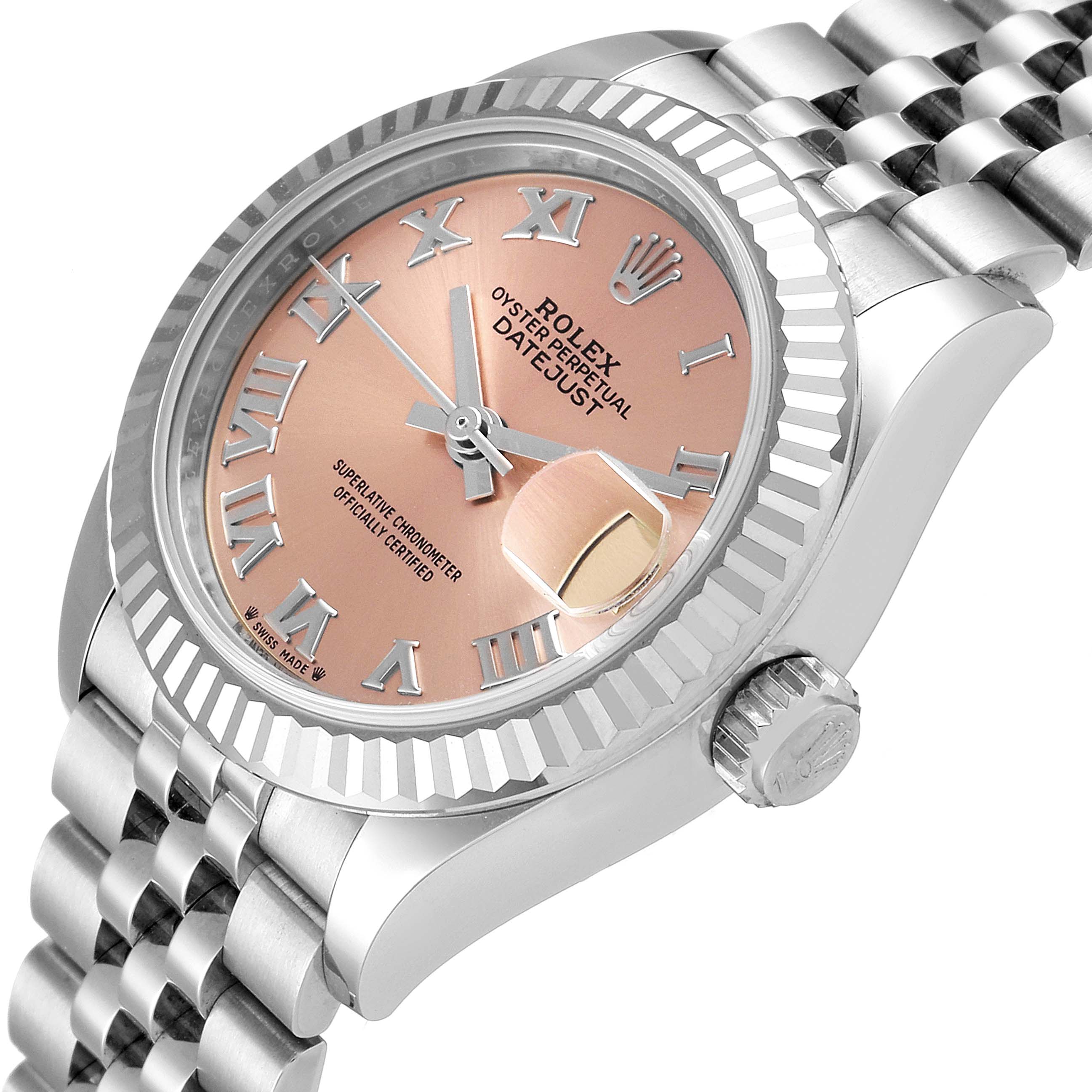This Rolex Datejust 279174 Women's Stainless Steel Pink Dial 279174 Women's Stainless Steel Pink Dial watch is shown at an angled view, highlighting its dial, bezel, and part of the bracelet.