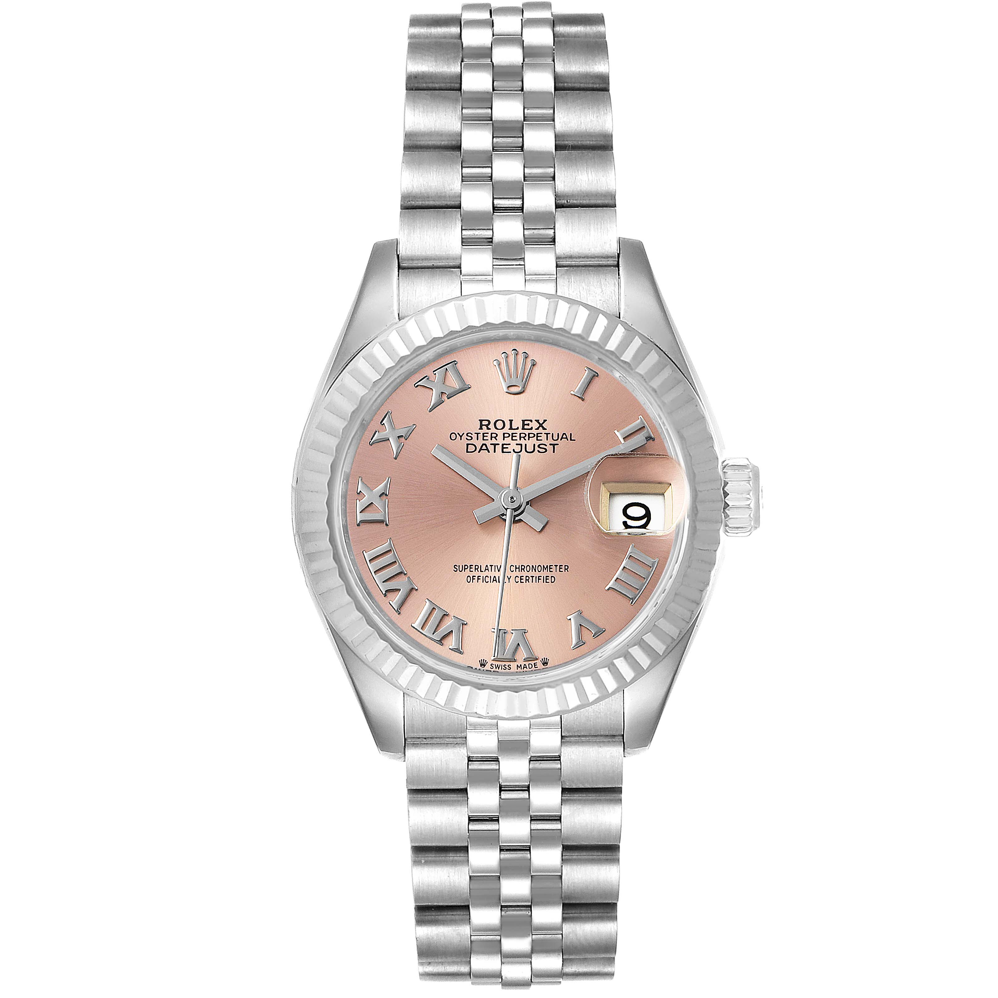 The Rolex Datejust 279174 Women's Stainless Steel Pink Dial 279174 Women's Stainless Steel Pink Dial watch is shown from a top-down angle, displaying the full face, bracelet, and bezel.