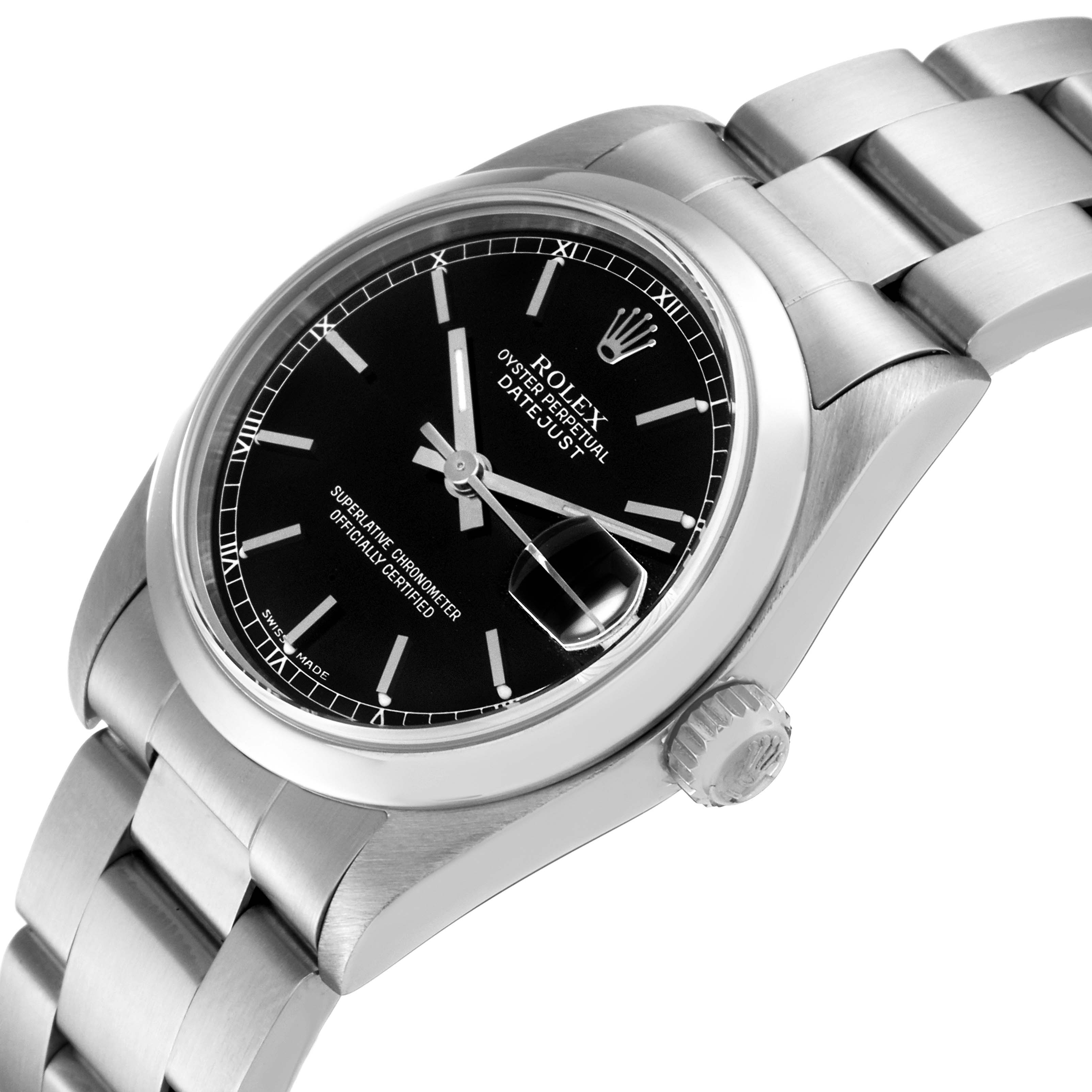 The image shows a Rolex Mid-Size 78240 Women's Stainless Steel Black Dial 78240 Women's Stainless Steel Black Dial Datejust watch at a slight angle, highlighting the face, crown, and part of the bracelet.