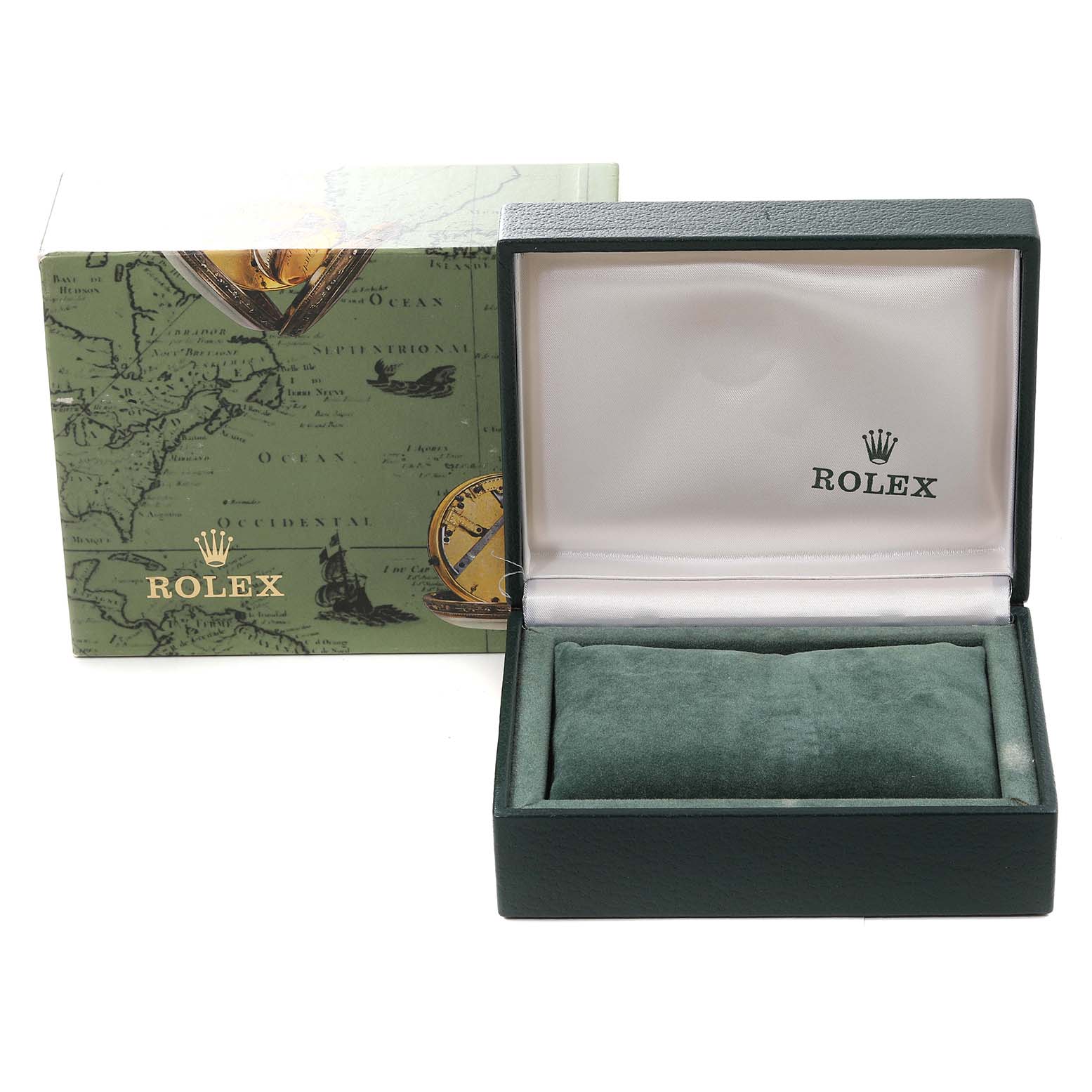 The image shows an open Rolex Mid-Size 78240 Women's Stainless Steel Black Dial 78240 Women's Stainless Steel Black Dial watch box and its exterior packaging from a straight-on angle.