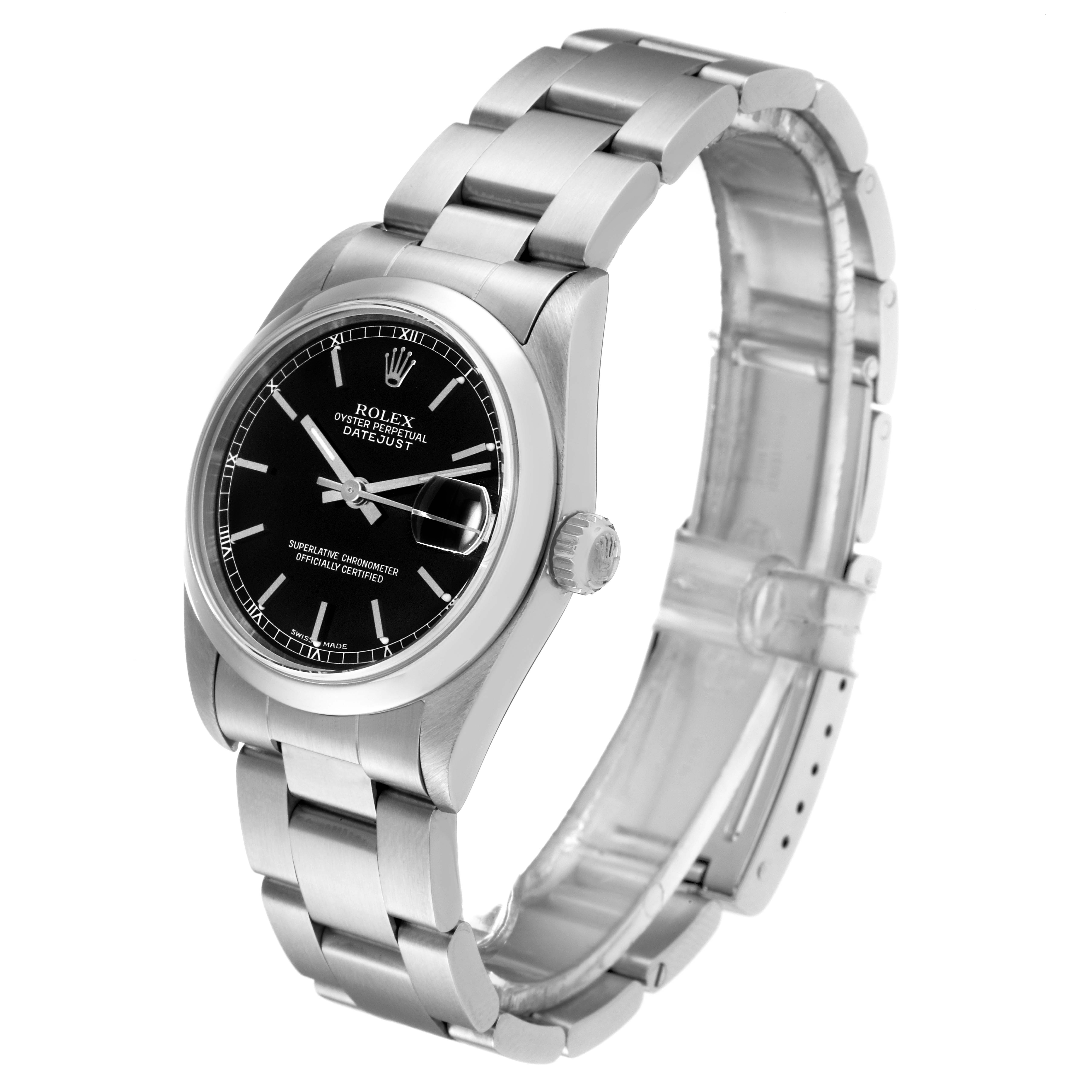 The image shows a side angle of the Rolex Datejust Mid-Size watch, highlighting its black dial, stainless steel casing, and bracelet.