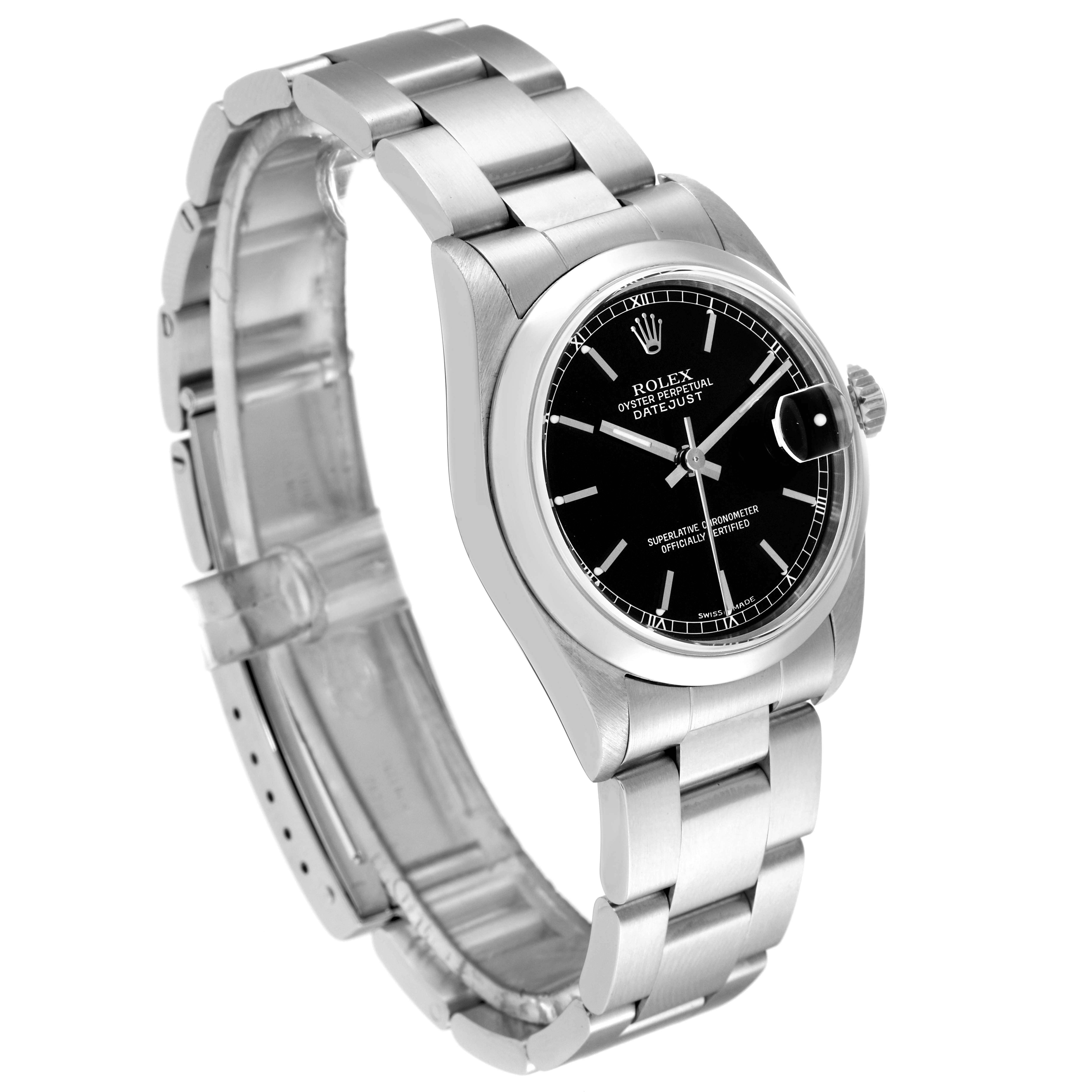 This image shows a Rolex Mid-Size 78240 Women's Stainless Steel Black Dial 78240 Women's Stainless Steel Black Dial Datejust watch, angled to display the face, bezel, crown, and stainless steel bracelet.