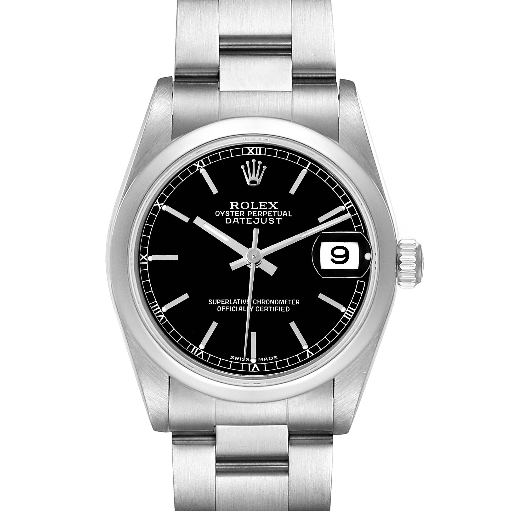 This image shows the front view of a Mid-Size Rolex Oyster Perpetual Datejust, displaying the dial, bezel, and bracelet.