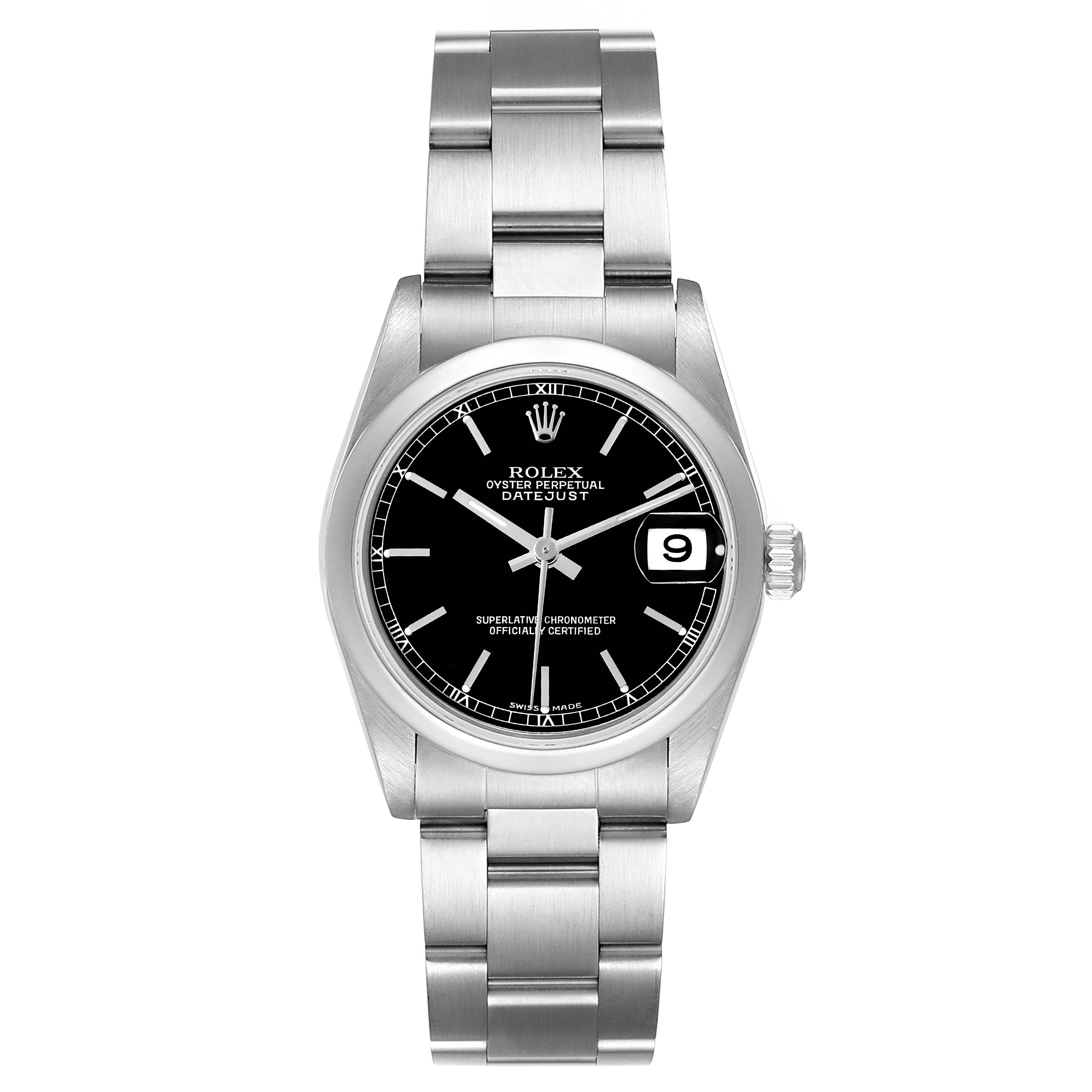 This image shows a front view of a Rolex Mid-Size 78240 Women's Stainless Steel Black Dial 78240 Women's Stainless Steel Black Dial Oyster Perpetual Datejust, highlighting the dial, bezel, and bracelet.