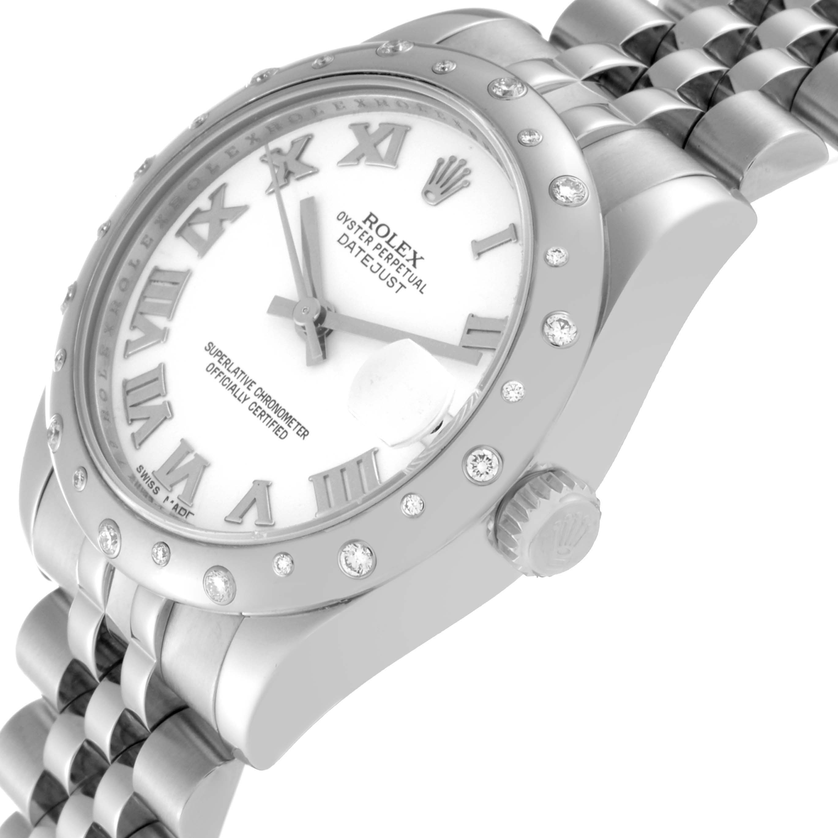 The image shows a close-up of the Rolex Datejust 178344 Women's Stainless Steel White Dial 178344 Women's Stainless Steel White Dial watch face, crown, and part of the bracelet at a slight angle.