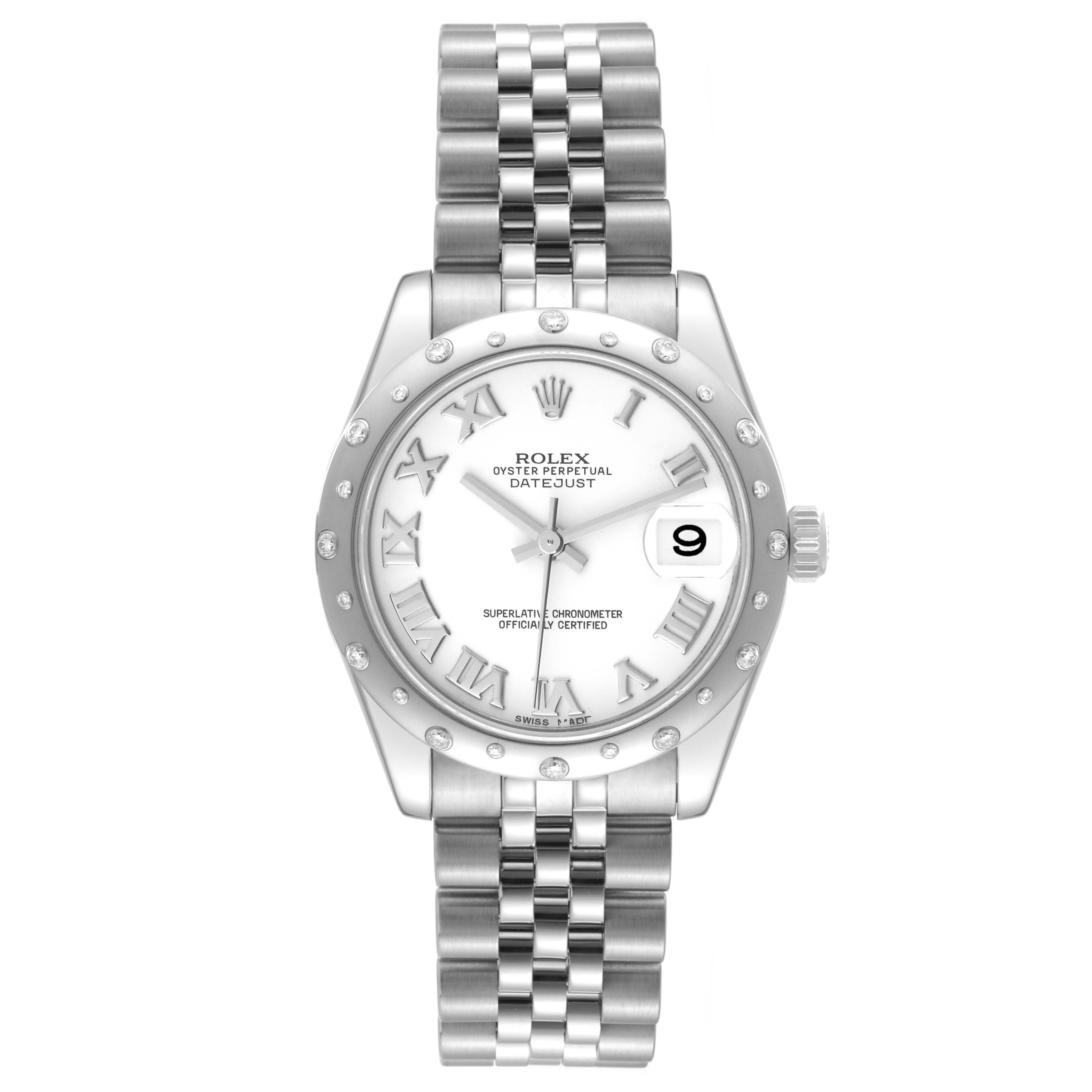 This image shows a front view of a Rolex Datejust 178344 Women's Stainless Steel White Dial 178344 Women's Stainless Steel White Dial watch, including its dial, bezel, and bracelet.