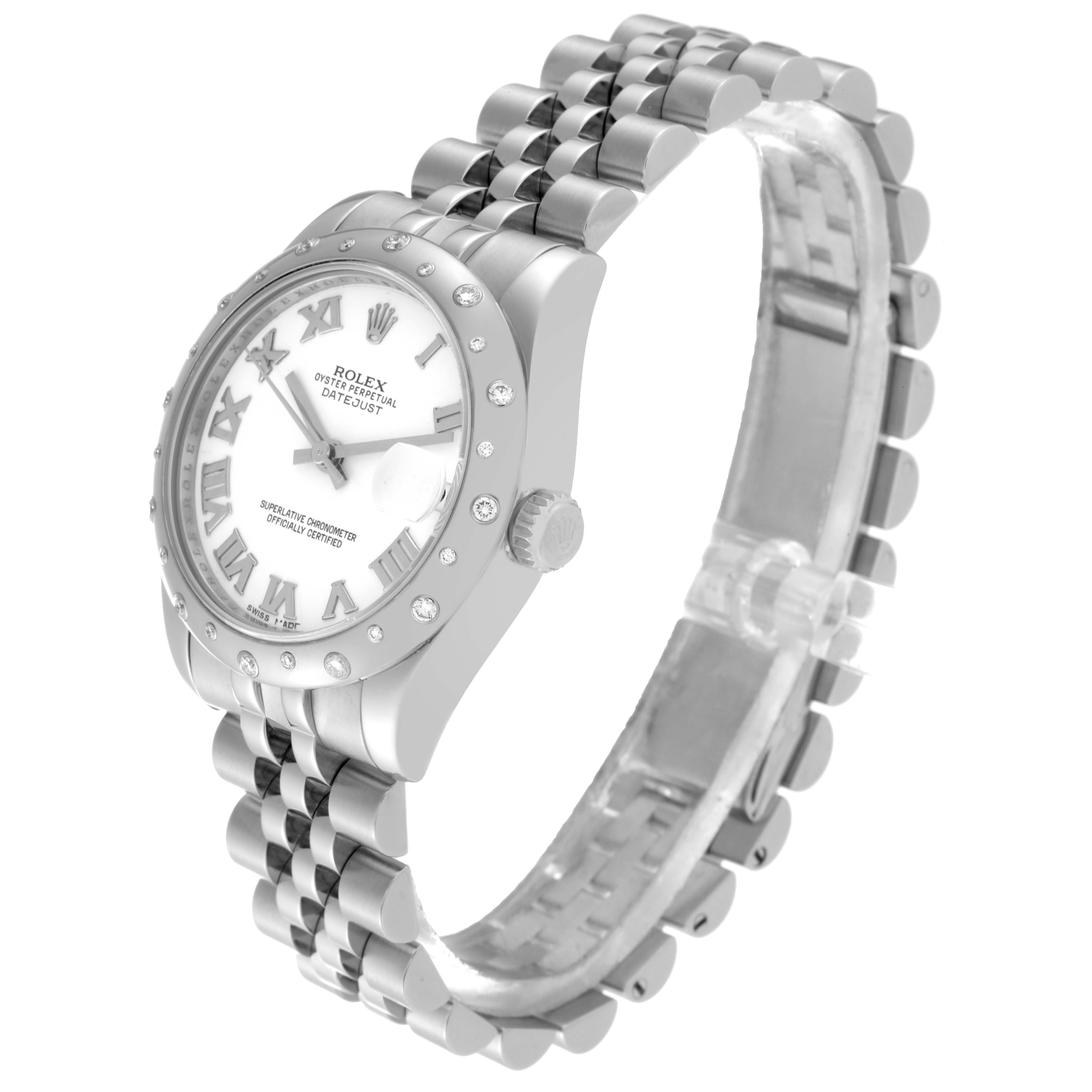 The image shows a side view of a Rolex Datejust 178344 Women's Stainless Steel White Dial 178344 Women's Stainless Steel White Dial watch, highlighting its face, bezel, crown, and bracelet.