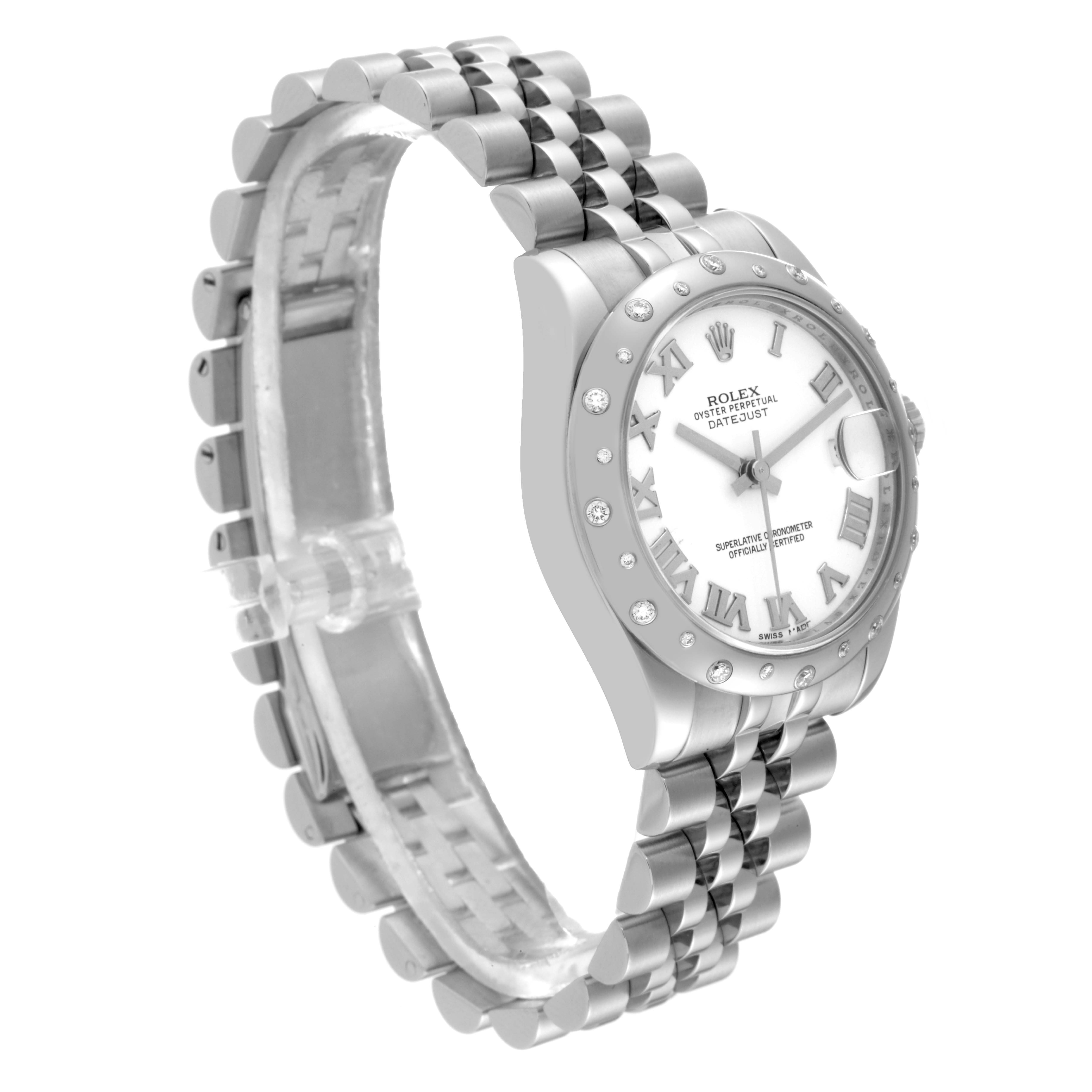 This image shows the Rolex Datejust 178344 Women's Stainless Steel White Dial 178344 Women's Stainless Steel White Dial watch from an angled side view, highlighting its face, bezel, and bracelet.