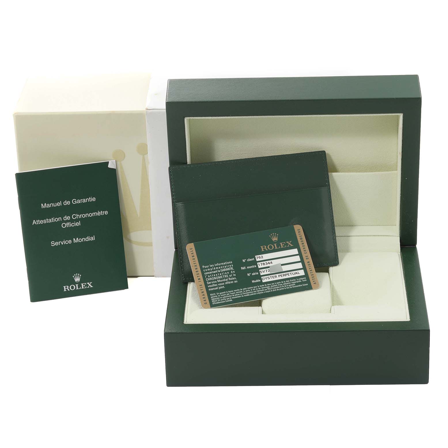 The image shows the packaging, warranty card, and manual for a Rolex Datejust 178344 Women's Stainless Steel White Dial 178344 Women's Stainless Steel White Dial modelwatch.
