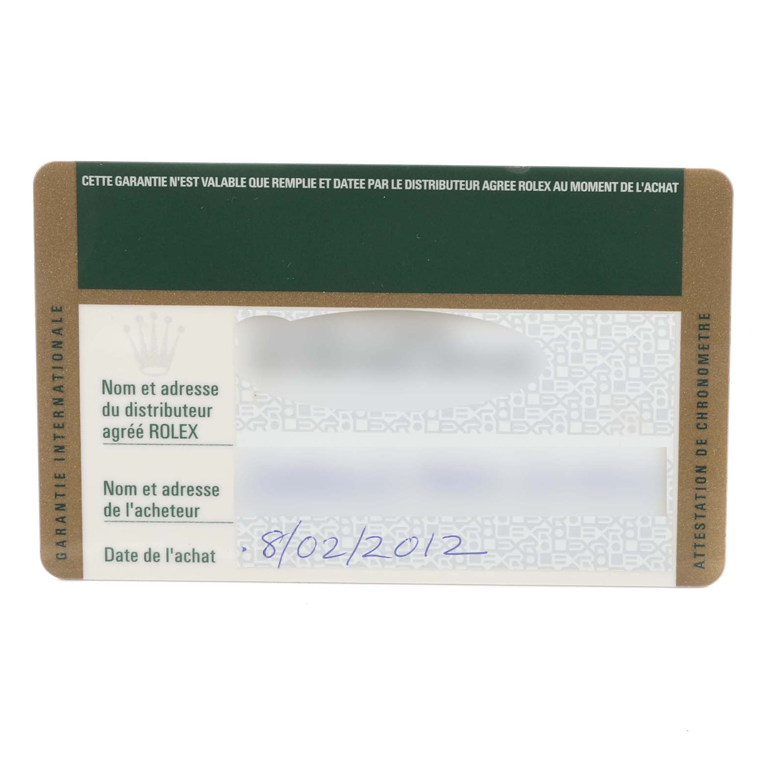 The image shows a warranty card for the Rolex Datejust 178344 Women's Stainless Steel White Dial 178344 Women's Stainless Steel White Dial watch model.