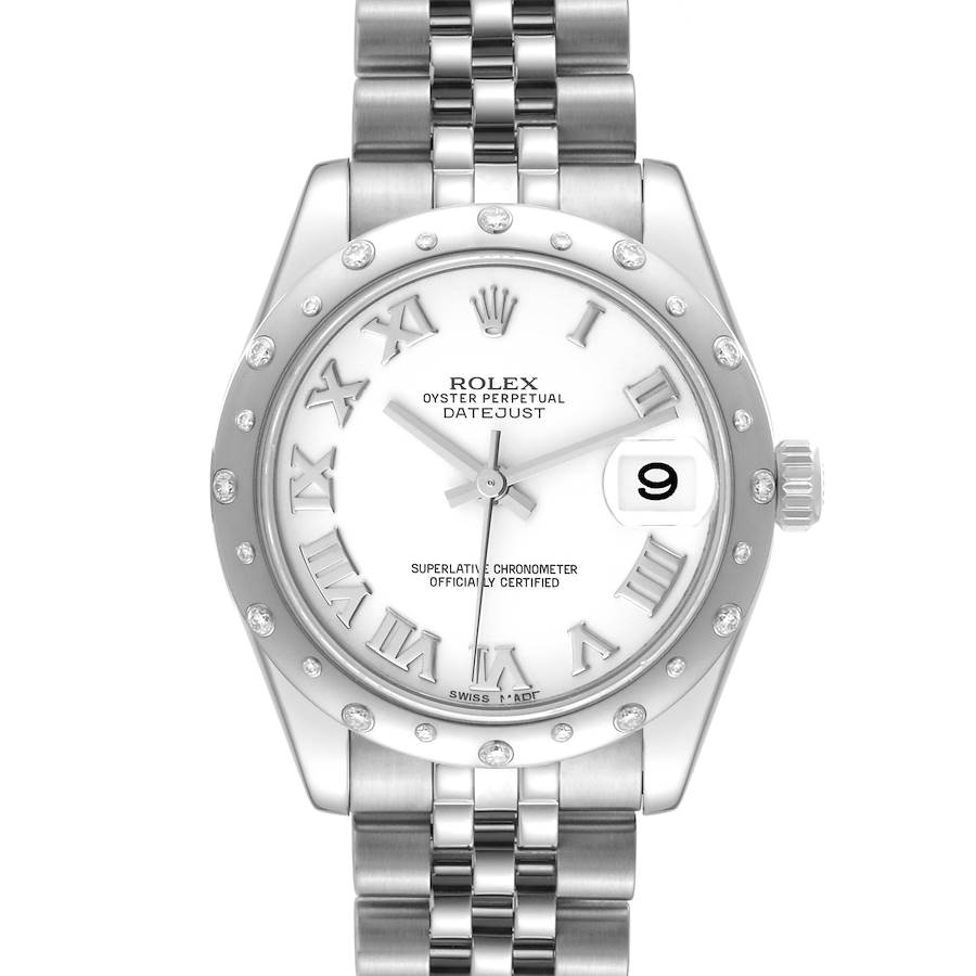 The image shows a frontal view of a Rolex Datejust watch, displaying the face, bezel, and part of the bracelet.