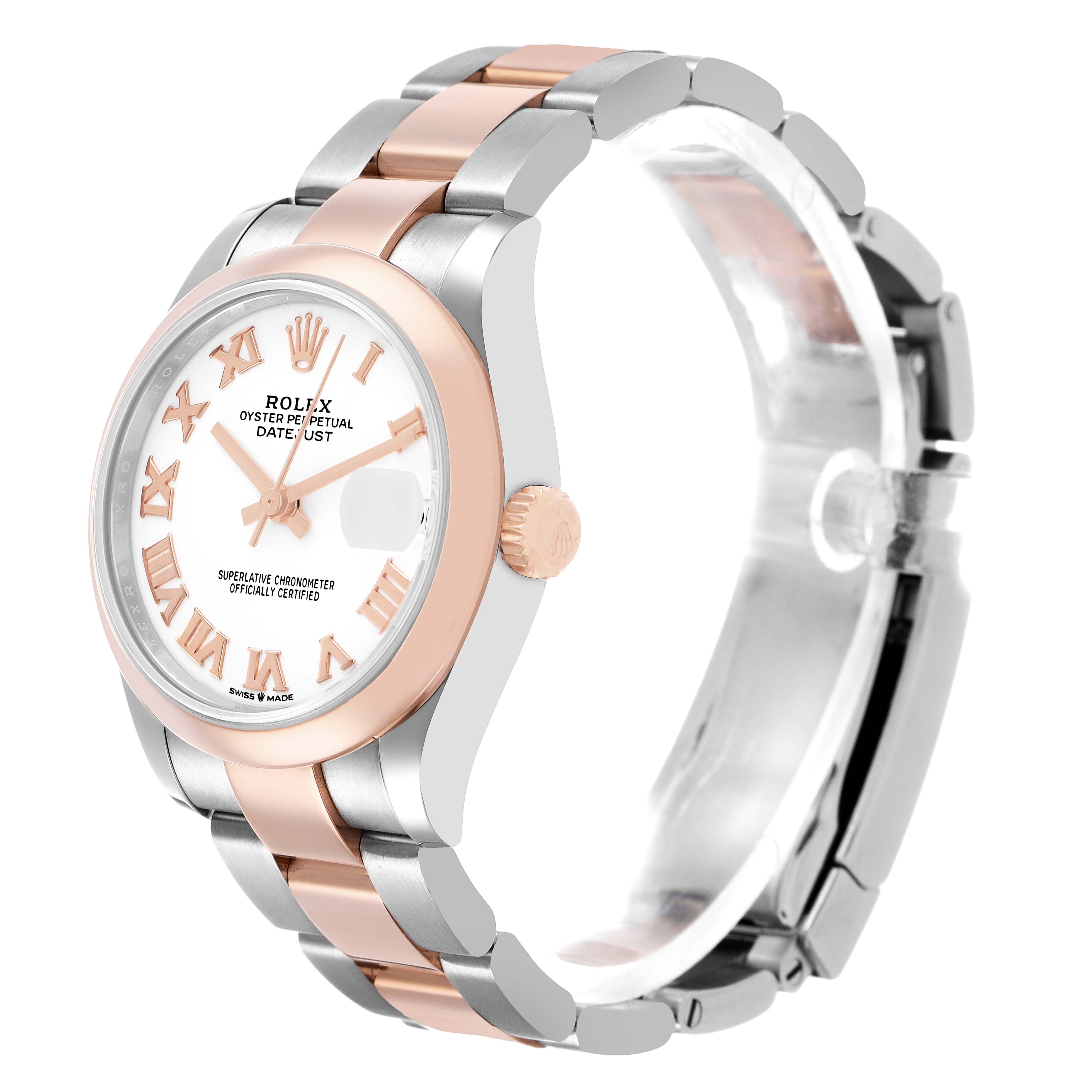 The Rolex Datejust 278241 Women's Stainless Steel White Dial watch is shown at a three-quarter angle, highlighting the bracelet, case, and dial with Roman numerals.