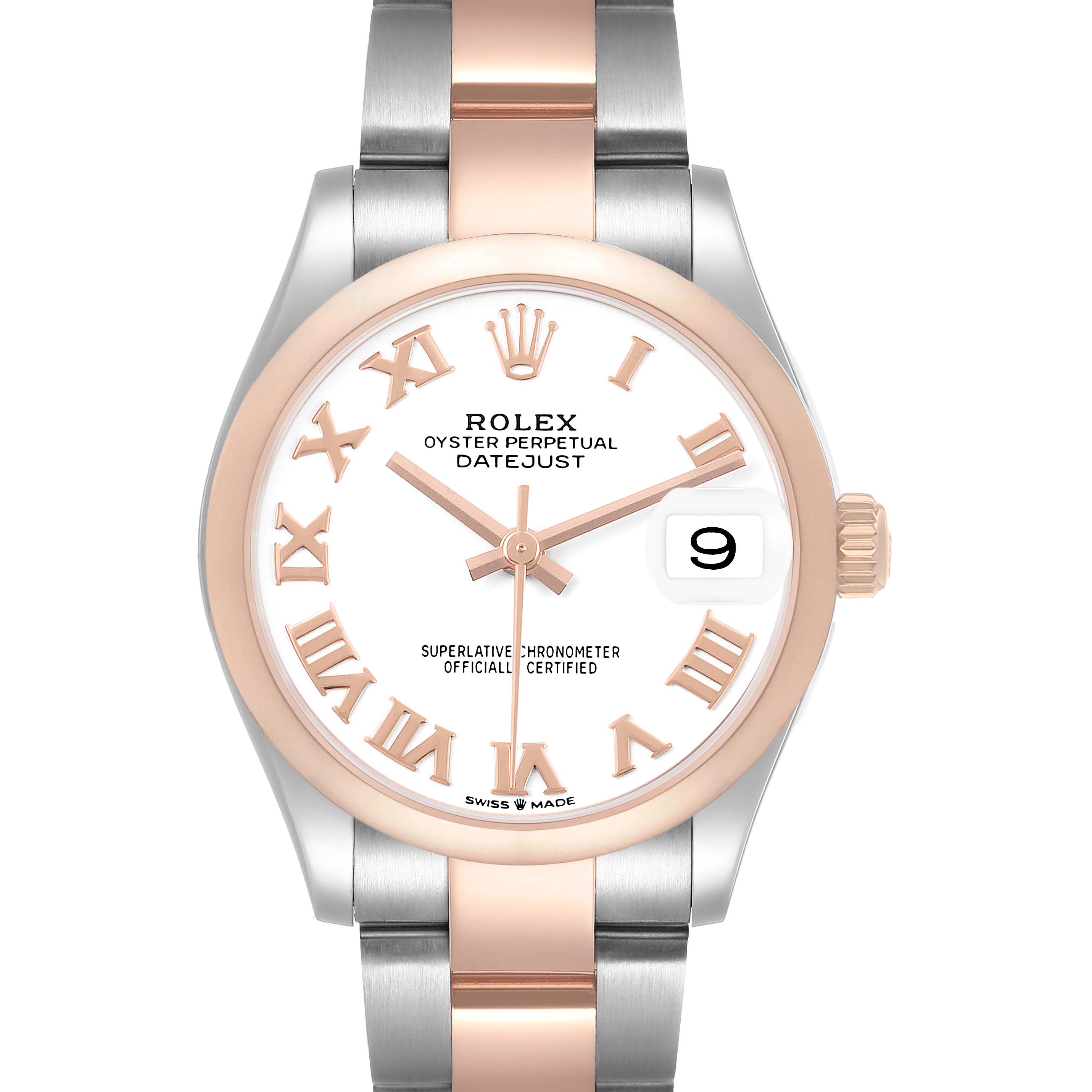 The Rolex Datejust 278241 Women's Stainless Steel White Dial watch is shown from a front angle, displaying the face, bezel, hands, and bracelet.