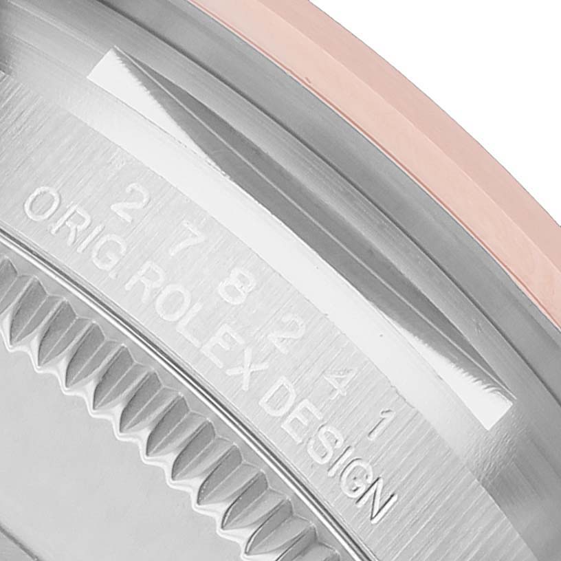 The image shows a close-up of the side of a Rolex Datejust 278241 Women's Stainless Steel White Dial watch, highlighting the model number and "ORIG ROLEX DESIGN" engraving.
