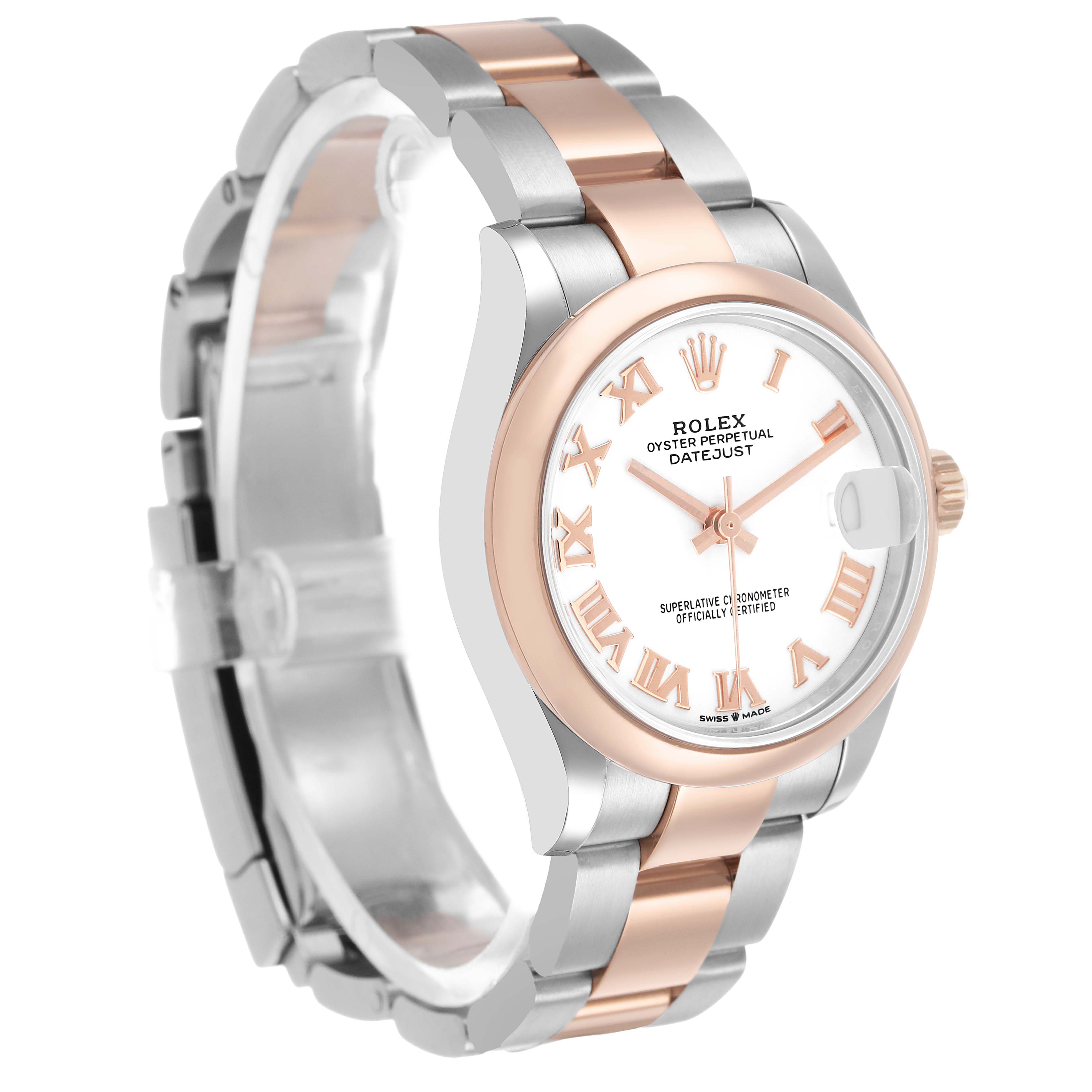 The Rolex Datejust 278241 Women's Stainless Steel White Dial watch is shown at a three-quarter angle, highlighting its face, bezel, and bracelet.