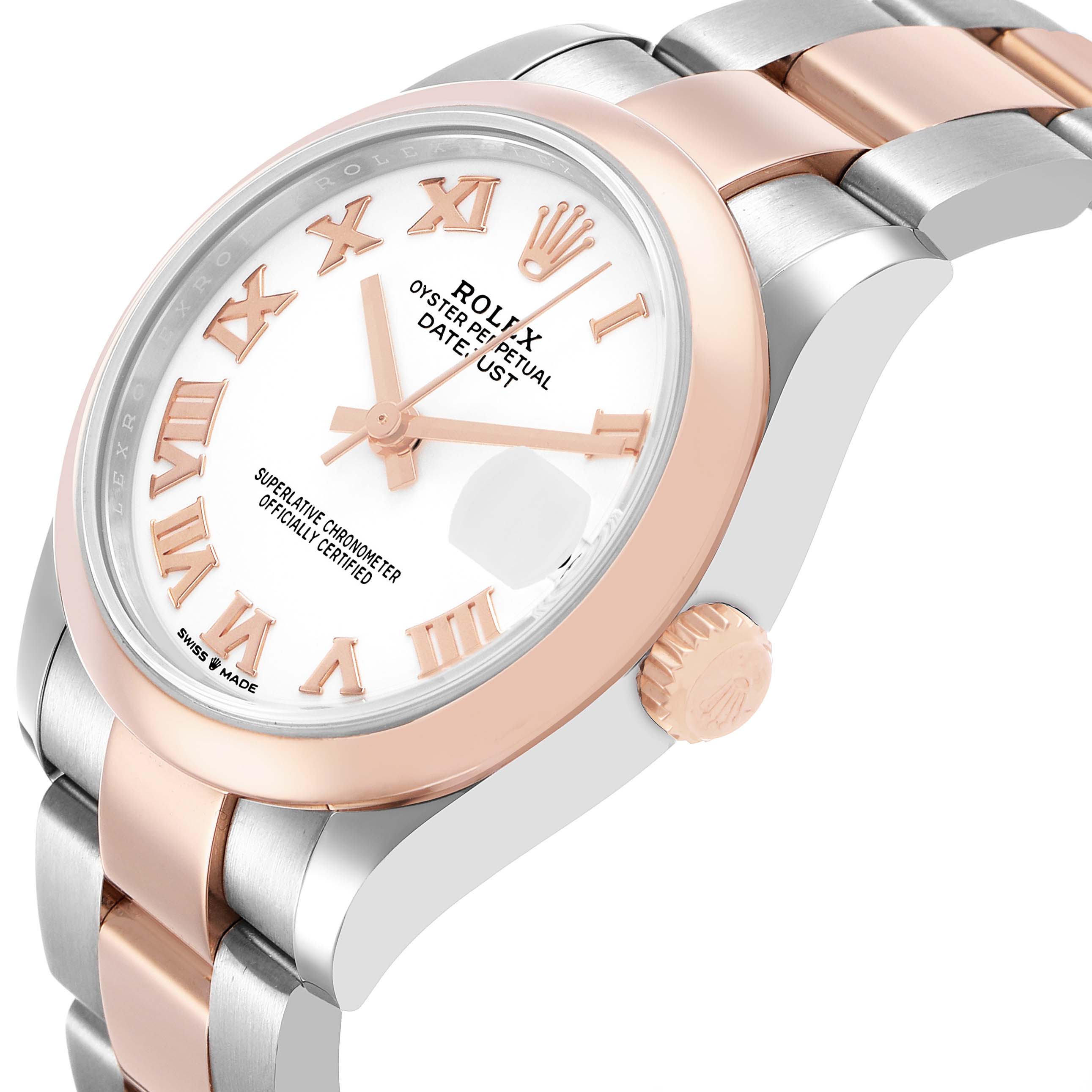 The Rolex Datejust 278241 Women's Stainless Steel White Dial watch is shown at a three-quarter angle, highlighting the dial, case, and part of the bracelet.