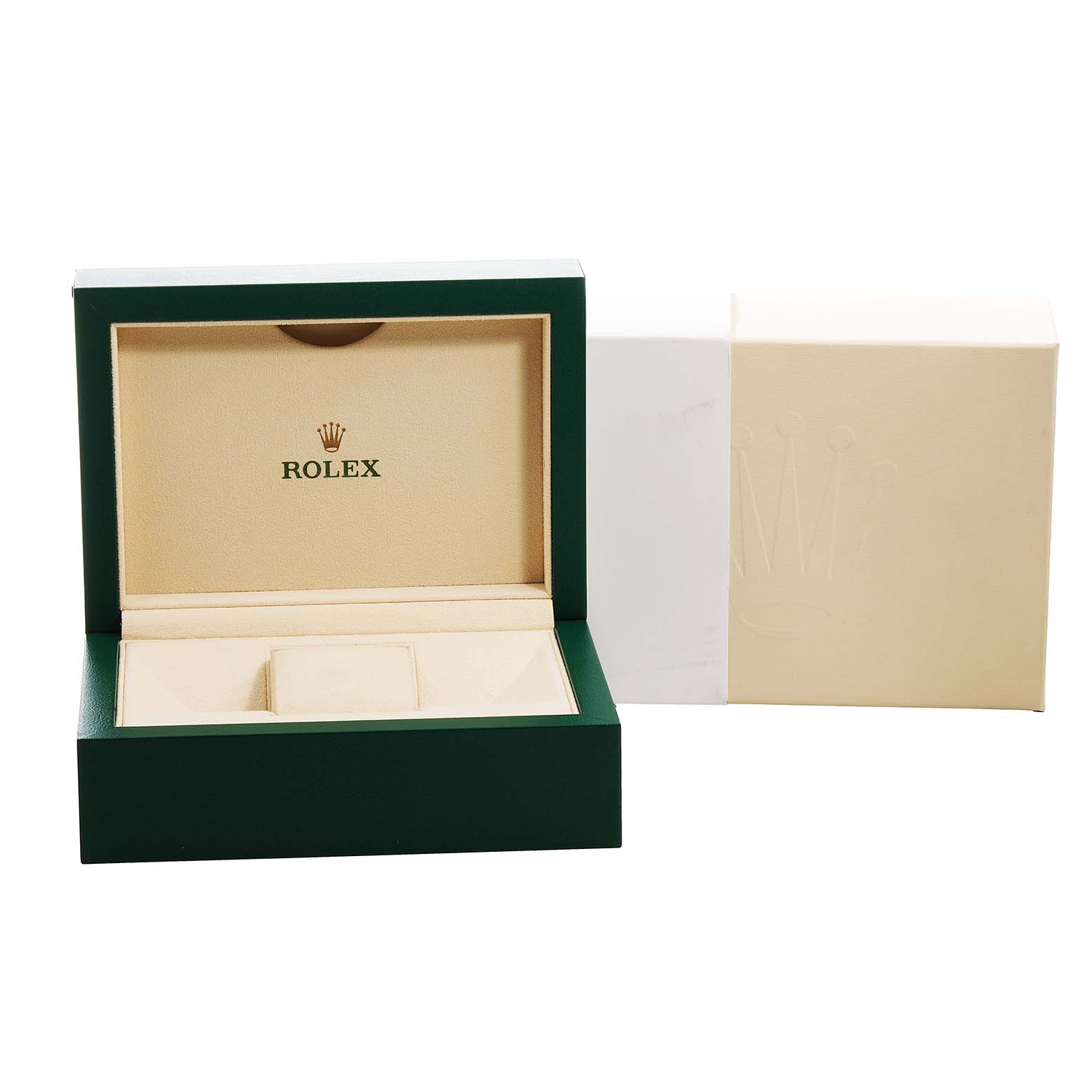 The image shows an open green Rolex Datejust 278241 Women's Stainless Steel White Dial box with beige interior and the logo, alongside its outer packaging.
