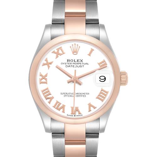 The Rolex Datejust 278241 Women's Stainless Steel White Dial watch is shown front-on, highlighting the Roman numeral dial, bezel, bracelet, and date function.
