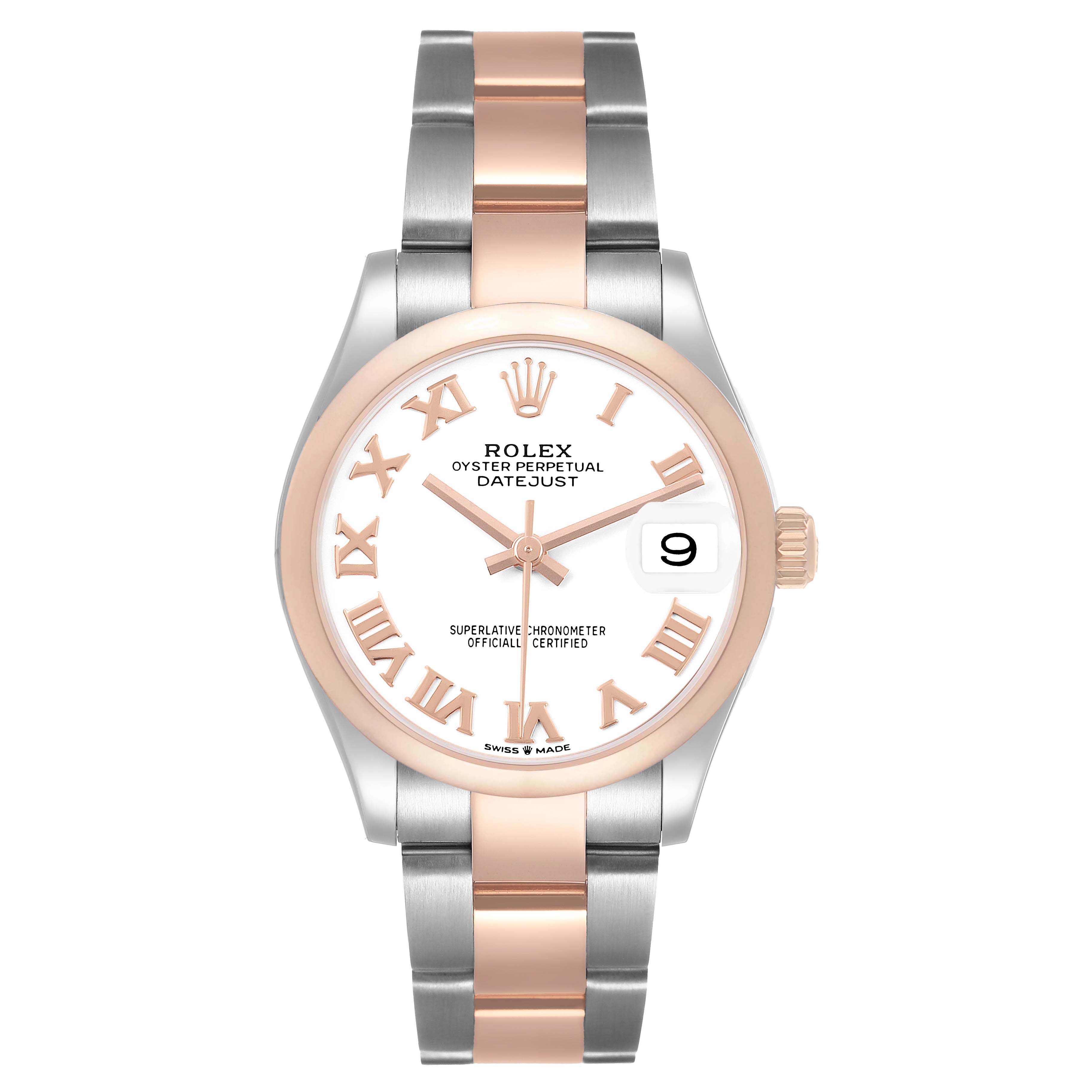 The Rolex Datejust 278241 Women's Stainless Steel White Dial watch is shown from a front angle, displaying its dial, bezel, crown, and bracelet.