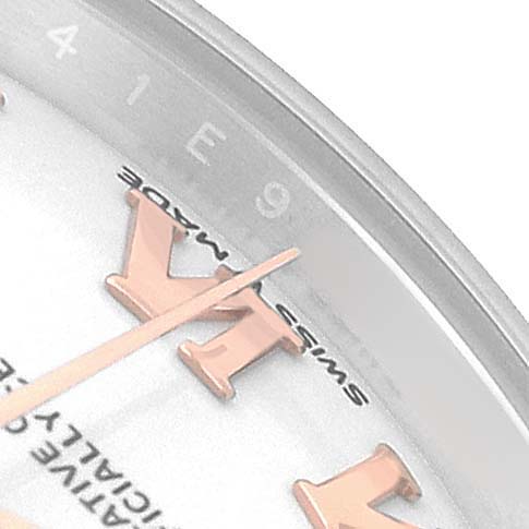 The image shows a close-up of the Rolex Datejust 278241 Women's Stainless Steel White Dial's dial, highlighting the Roman numeral "XI," minute hand, and "SWISS MADE" text.