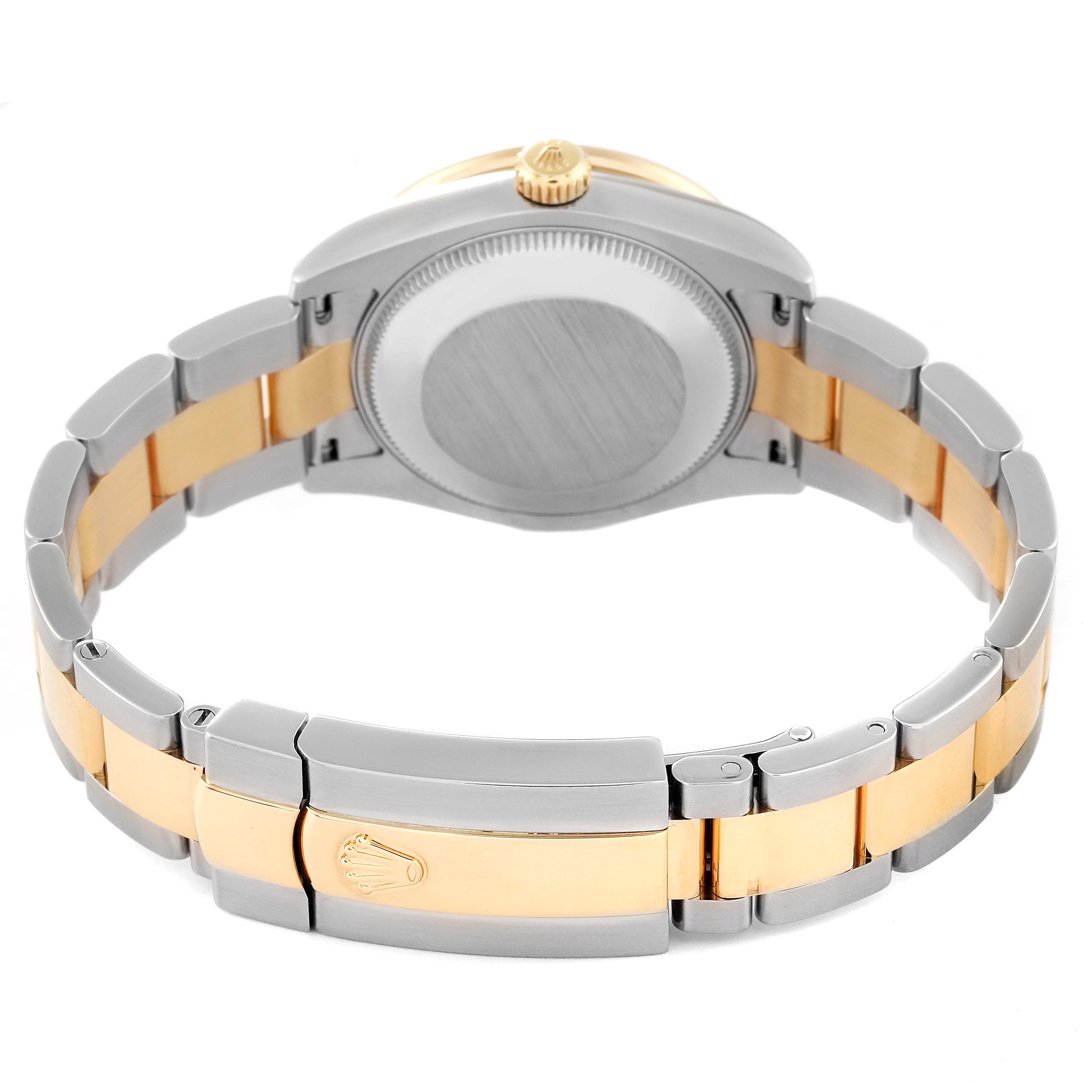The image shows the back and sides of the Mid-Size Rolex watch, highlighting the two-tone bracelet and clasp with the brand
s logo.