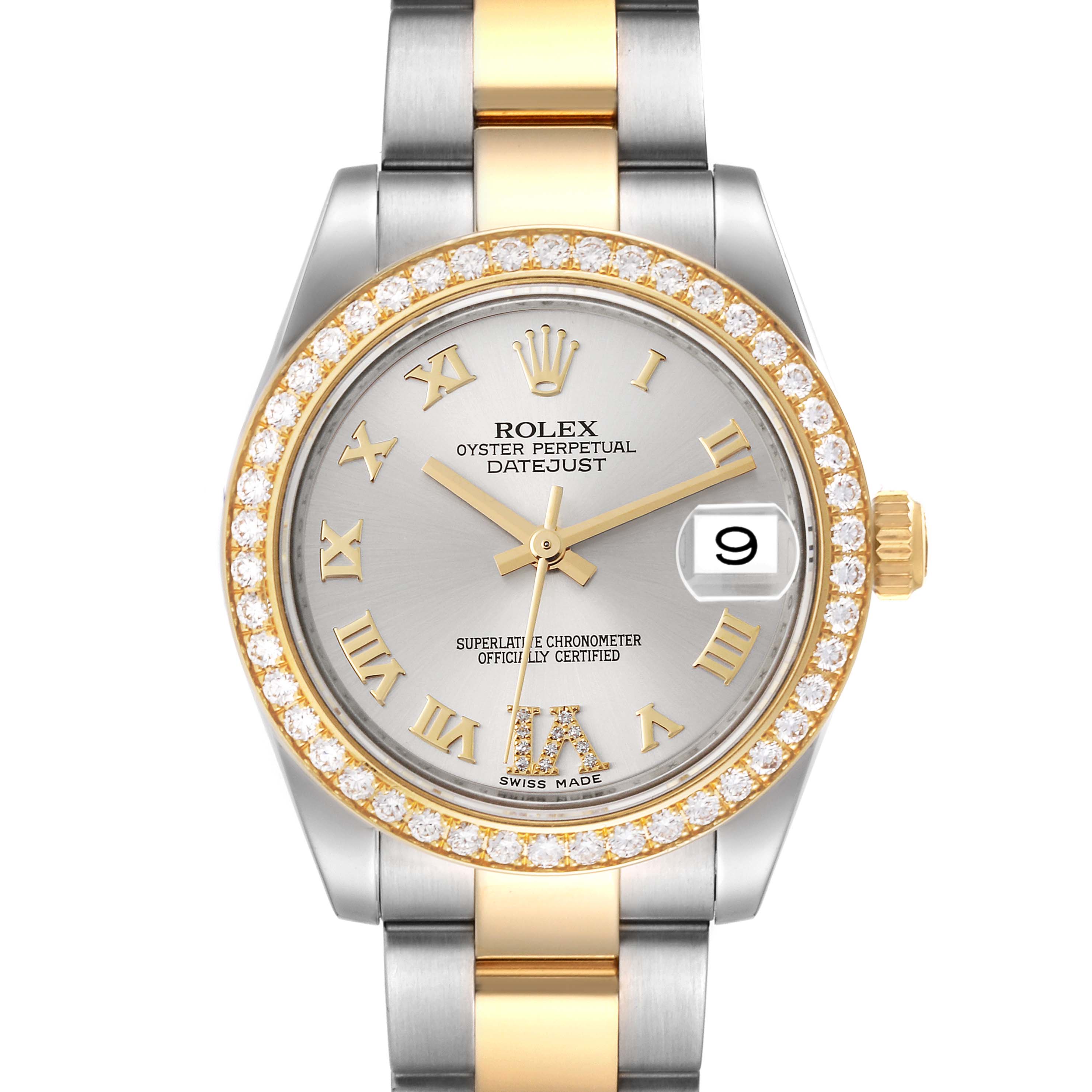 This image shows the front view of a Rolex Mid-Size 178383 Women
s Steel and Gold (two tone) Silver Dial 178383 Women
s Steel and Gold (two tone) Silver Dial Datejust watch, featuring a diamond bezel, Roman numeral markers, and two-tone bracelet.