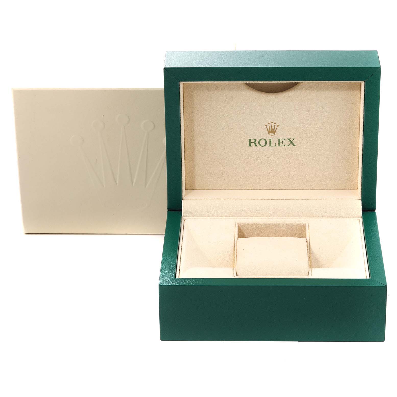 The image shows an open storage box by Rolex for the Mid-Size model, including an outer cover and inner cushion slots.
