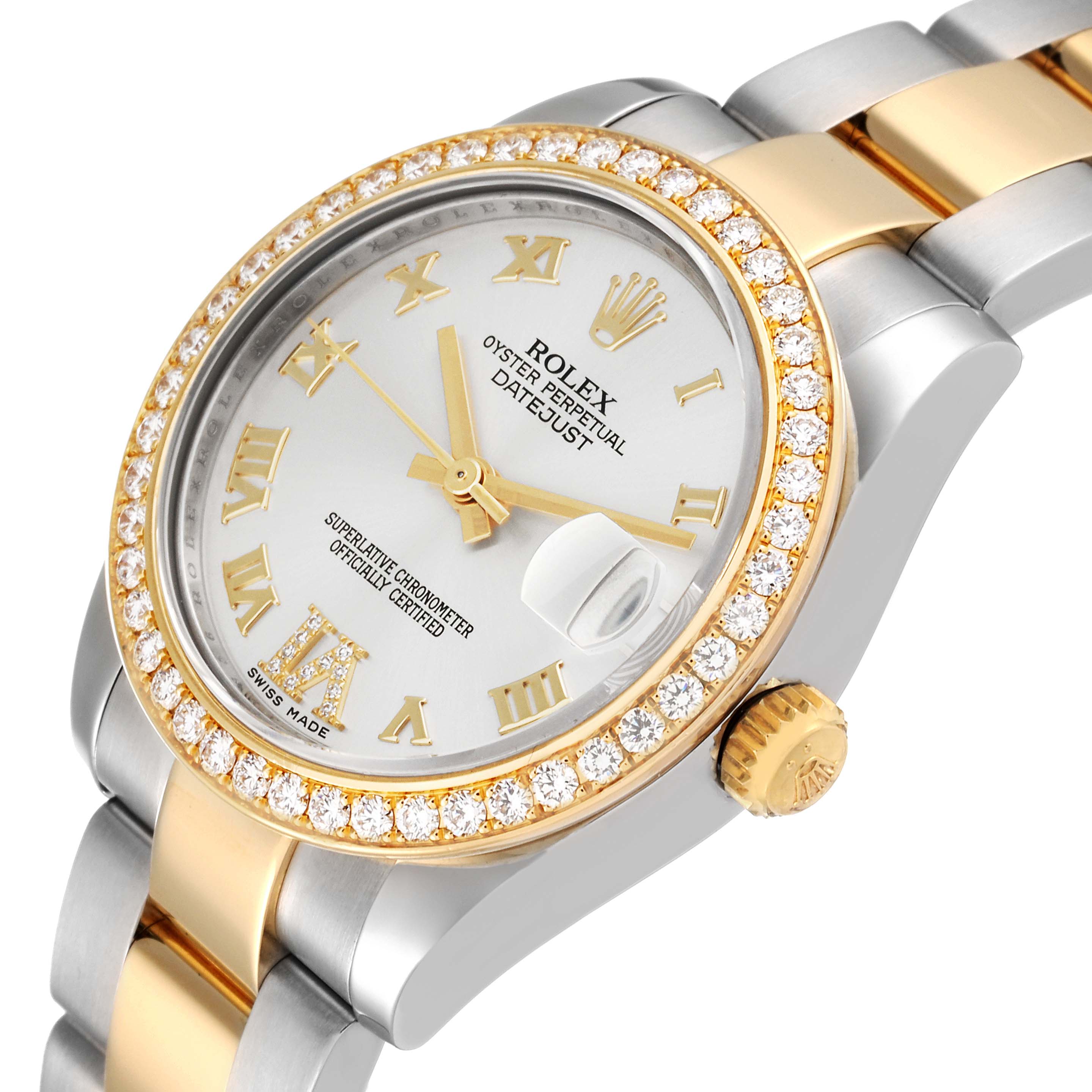 The image shows a close-up, angled view of the face, bezel, and part of the bracelet of a Rolex Mid-Size 178383 Women
s Steel and Gold (two tone) Silver Dial 178383 Women
s Steel and Gold (two tone) Silver Dial Datejust.
