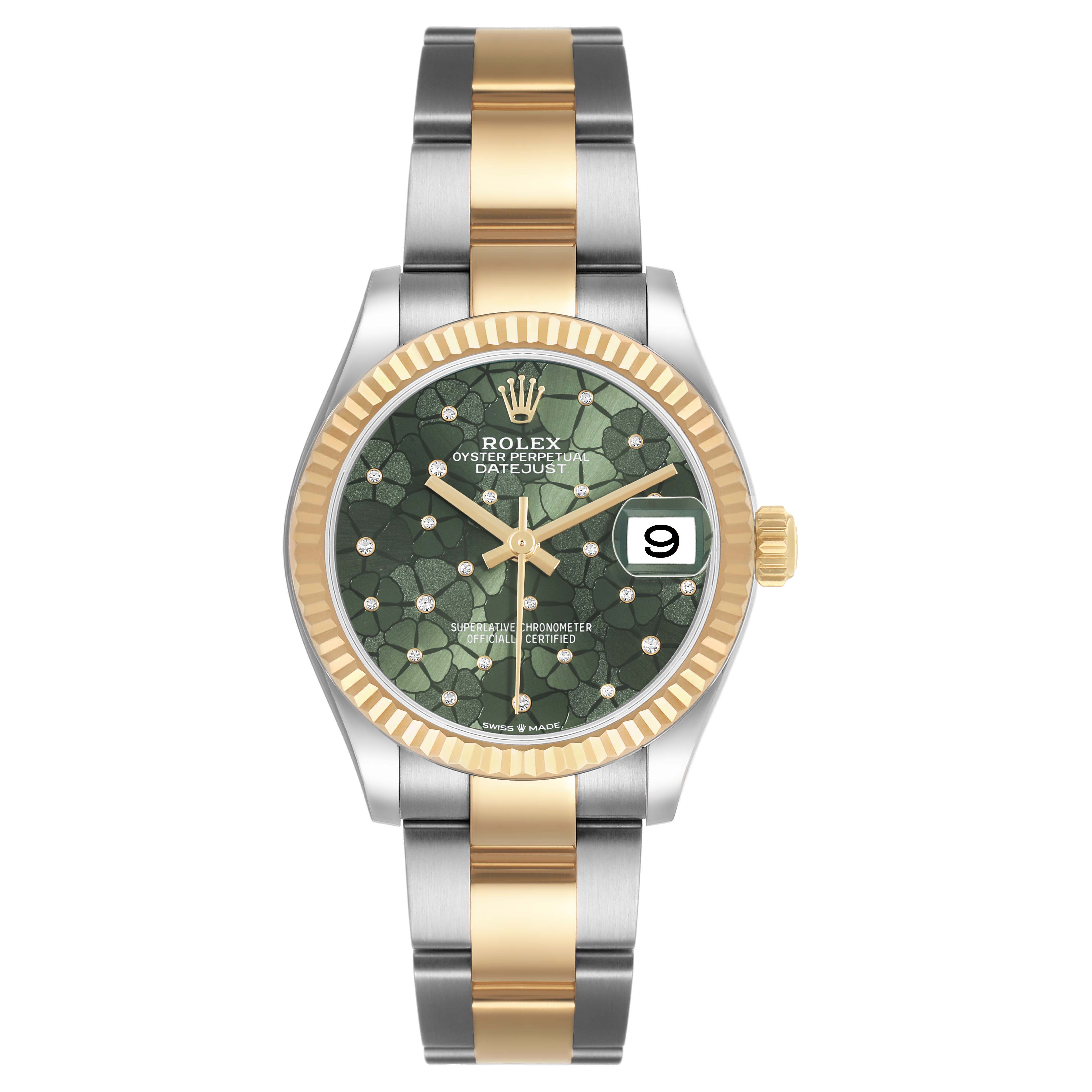 The Rolex Mid-Size 278273 Women's Steel and Gold (two tone) Green Dial watch is shown from the front, highlighting the green dial, gold and silver bracelet, and fluted bezel.
