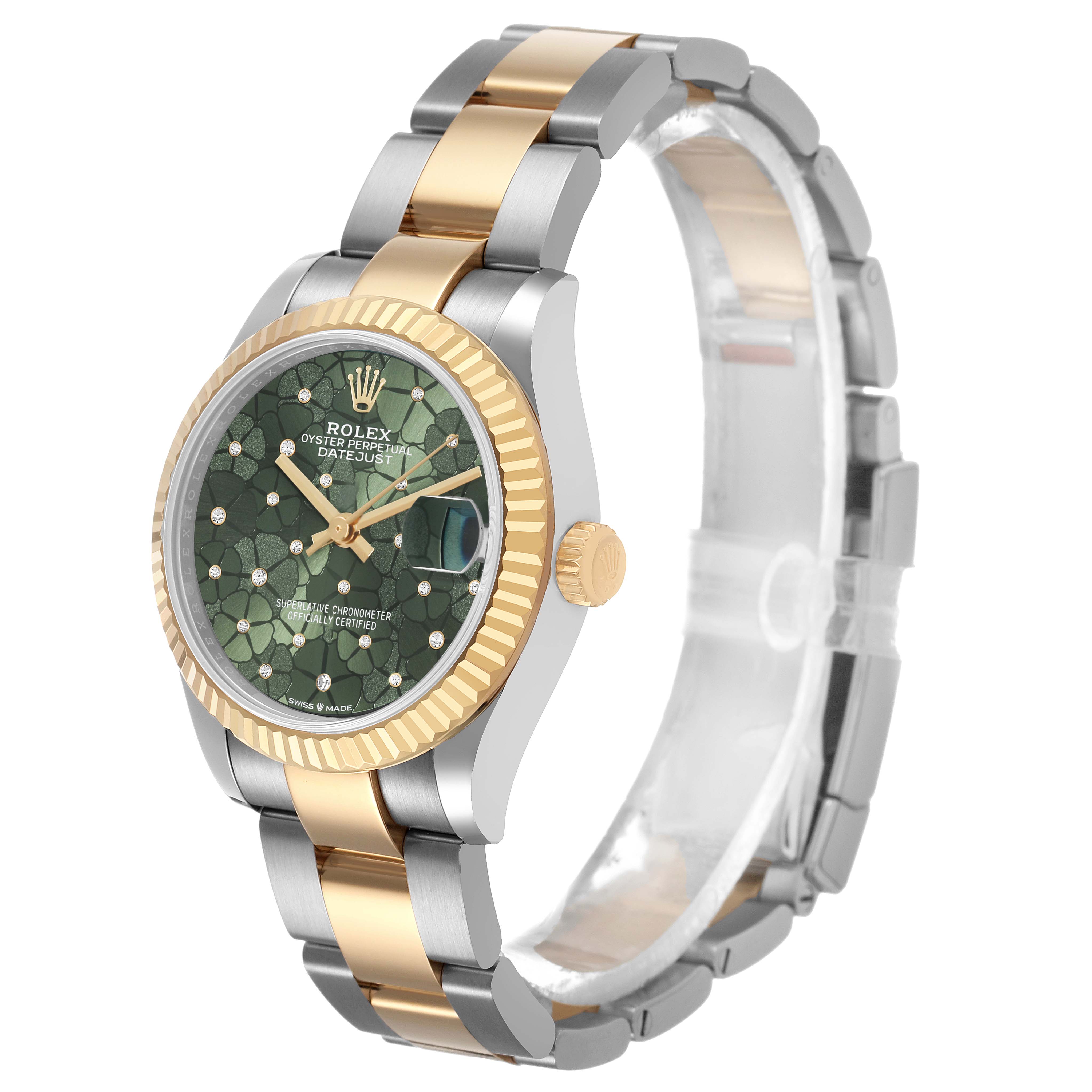 The Rolex Mid-Size 278273 Women's Steel and Gold (two tone) Green Dial Datejust is shown at a three-quarter angle, highlighting the fluted bezel, two-tone bracelet, and green dial.