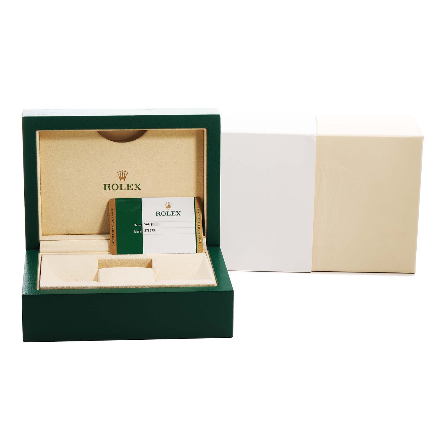 The image shows a Rolex Mid-Size 278273 Women's Steel and Gold (two tone) Green Dial model box and warranty card, viewed from the front with the box open.