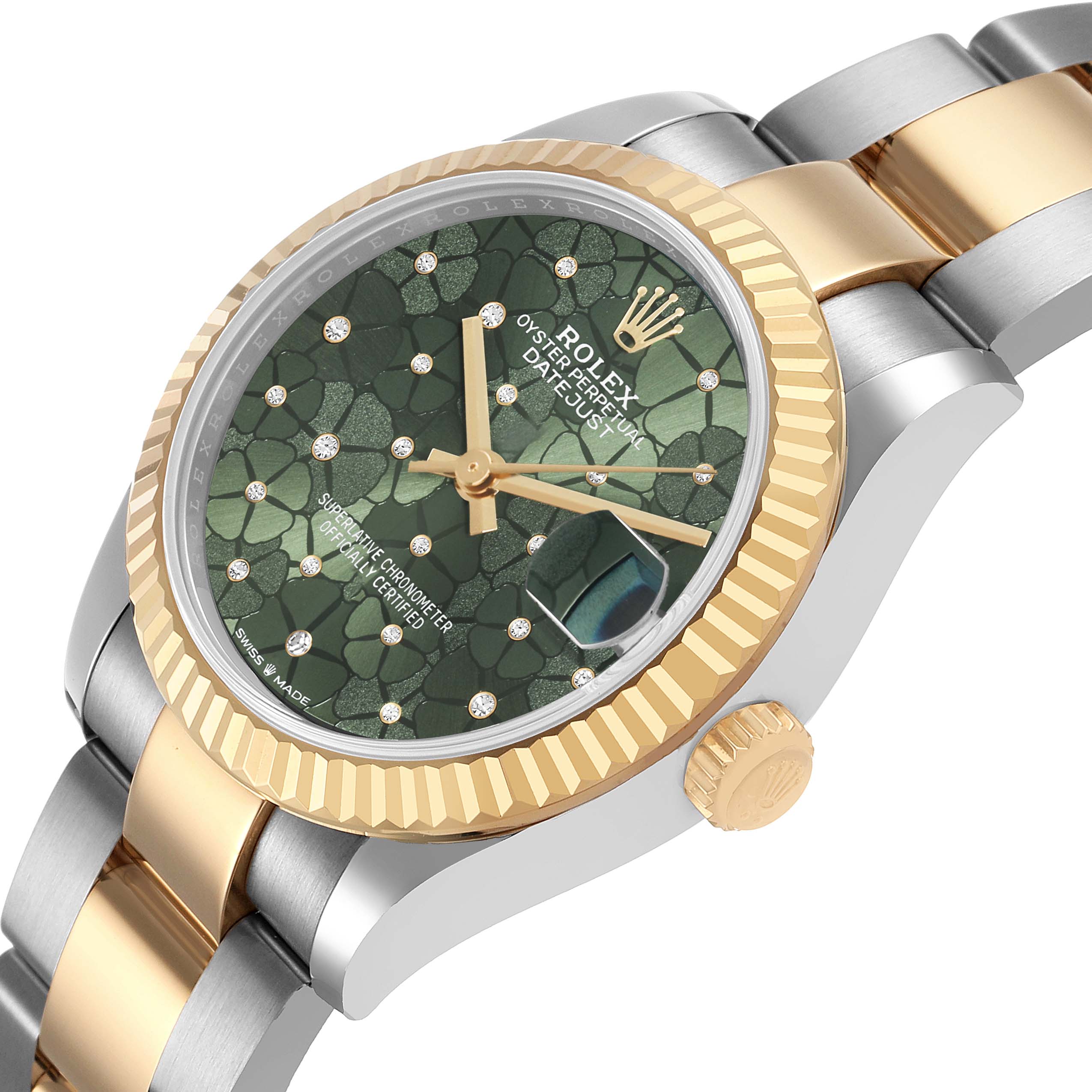 The Rolex Mid-Size 278273 Women's Steel and Gold (two tone) Green Dial watch is shown at an angled view, highlighting its bezel, dial, crown, and bracelet.