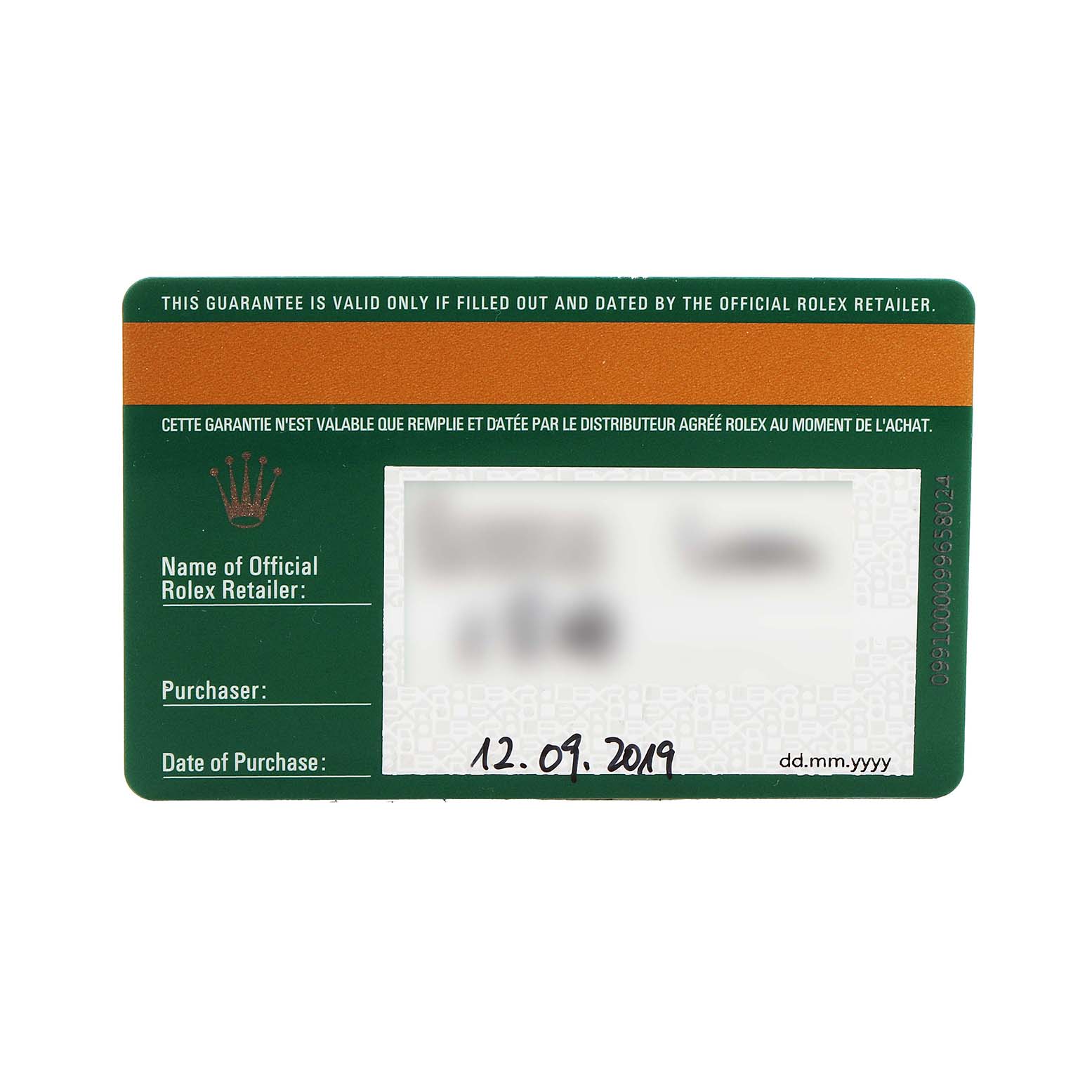 The image shows a guarantee card for a Mid-Size Rolex watch, viewed from the front.