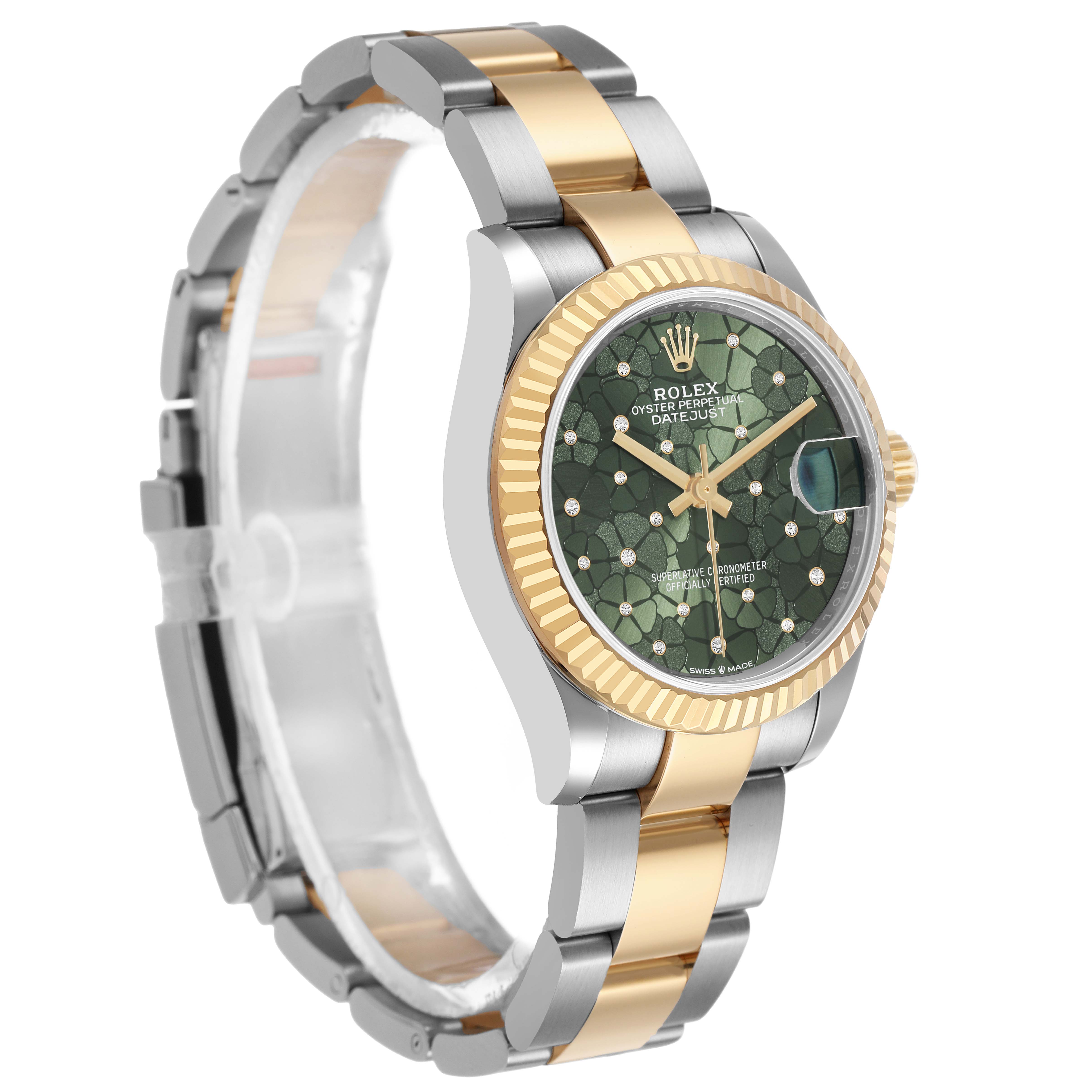 The Rolex Mid-Size 278273 Women's Steel and Gold (two tone) Green Dial watch is shown from a front left angle, highlighting the dial, bezel, and bracelet.