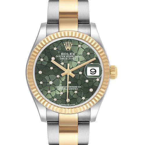 The Rolex Mid-Size 278273 Women's Steel and Gold (two tone) Green Dial watch is shown from the front, highlighting the dial, bezel, crown, and bracelet.